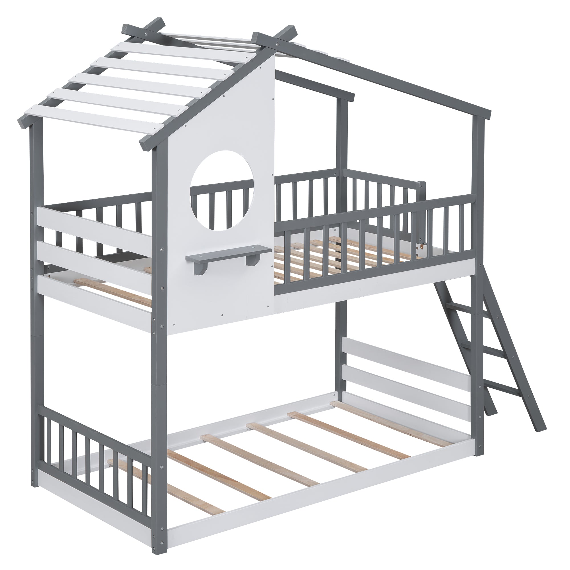 Twin Over Twin Bunk Bed Wood Bed with Roof, Window, Ladder,Gray