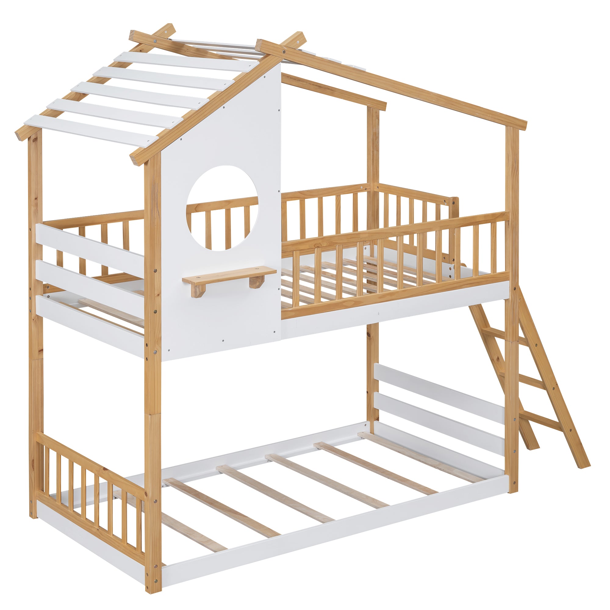 Twin Over Twin Bunk Bed Wood Bed with Roof, Window, Ladder,Natural