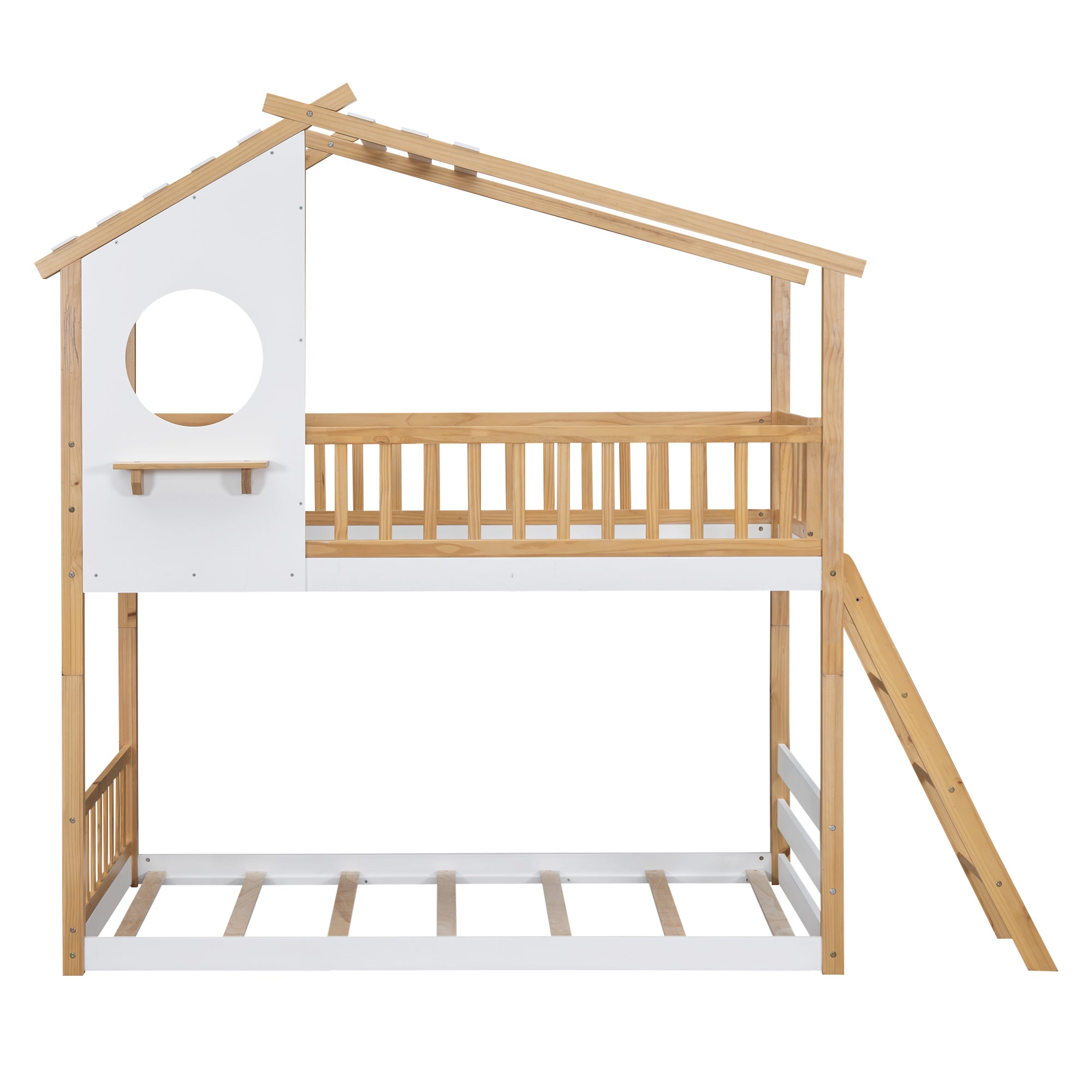 Twin Over Twin Bunk Bed Wood Bed with Roof, Window, Ladder,Natural