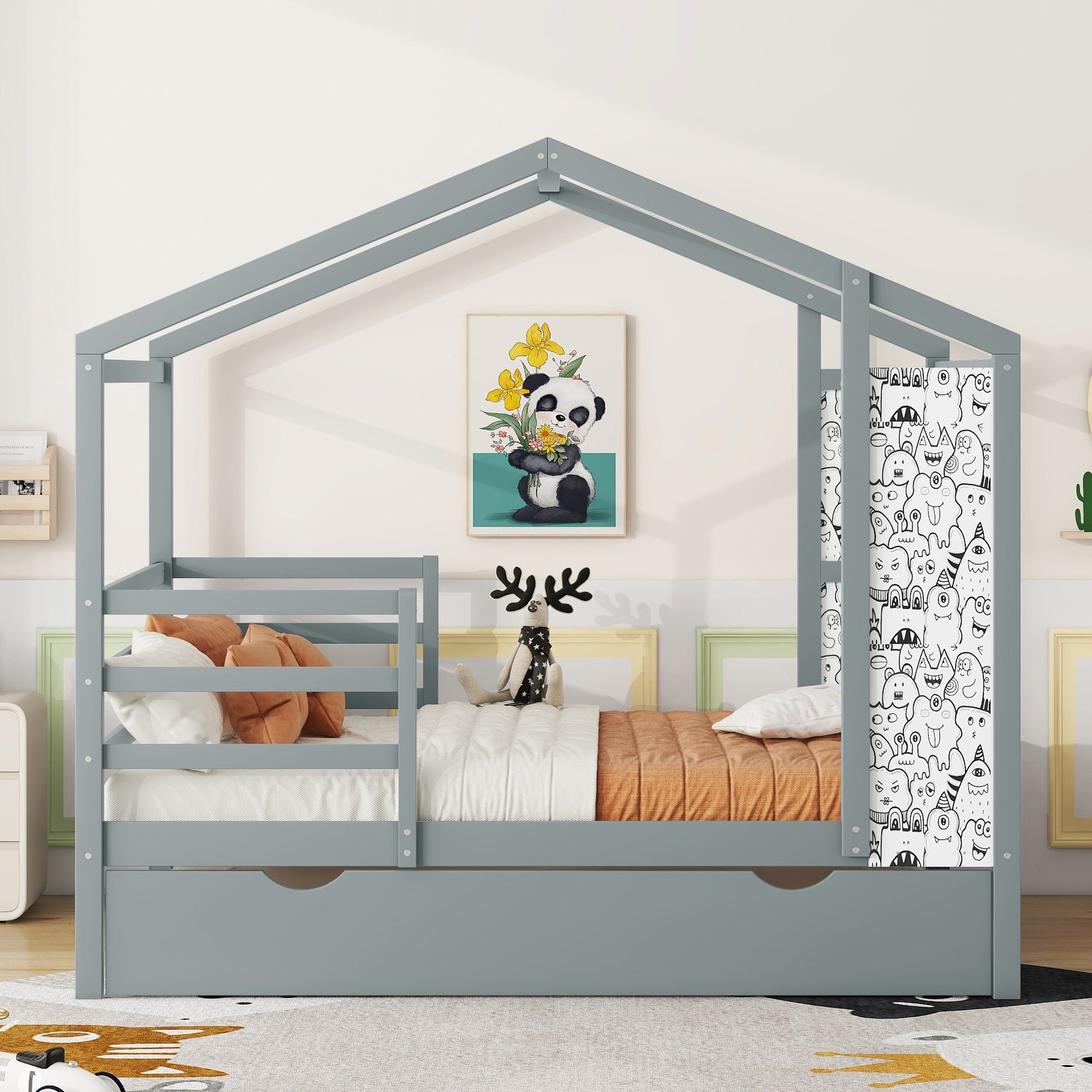 Full Size Wood House Bed with Fence and Writing Board, Gray