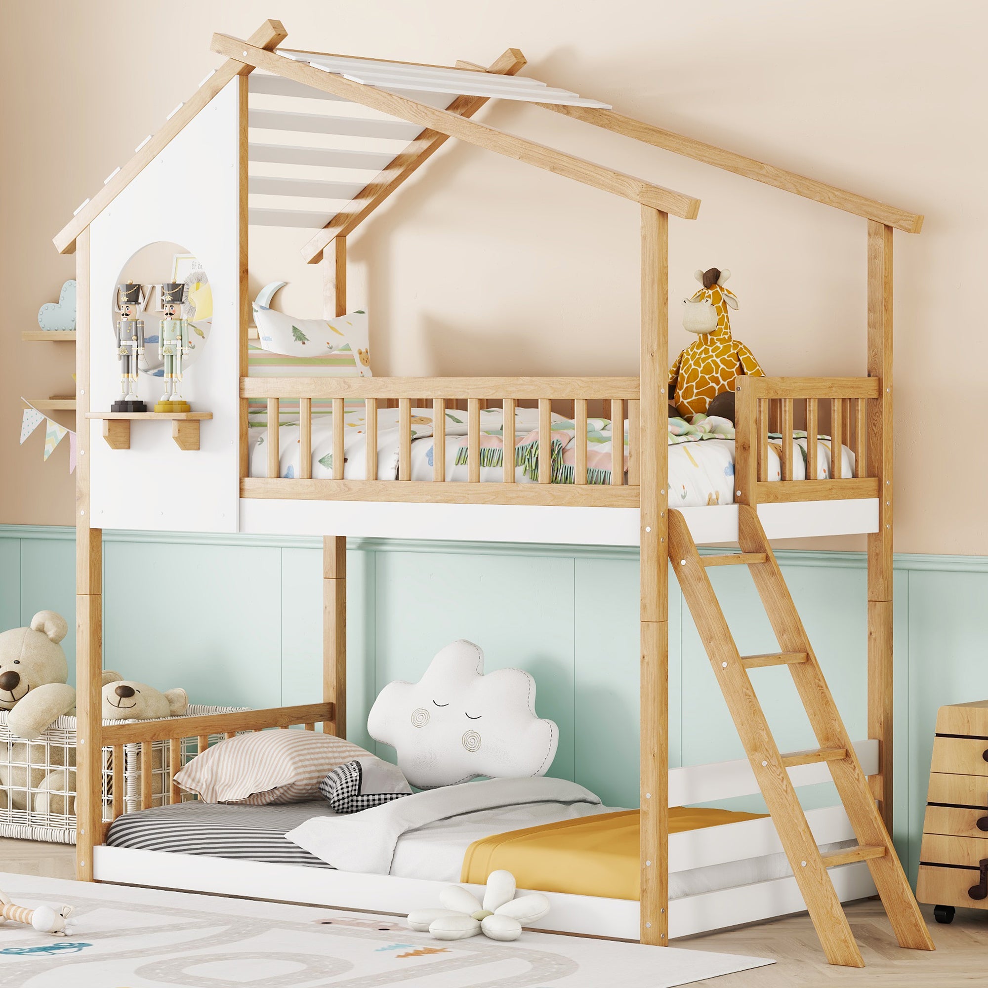 Twin Over Twin Bunk Bed Wood Bed with Roof, Window, Ladder,Natural