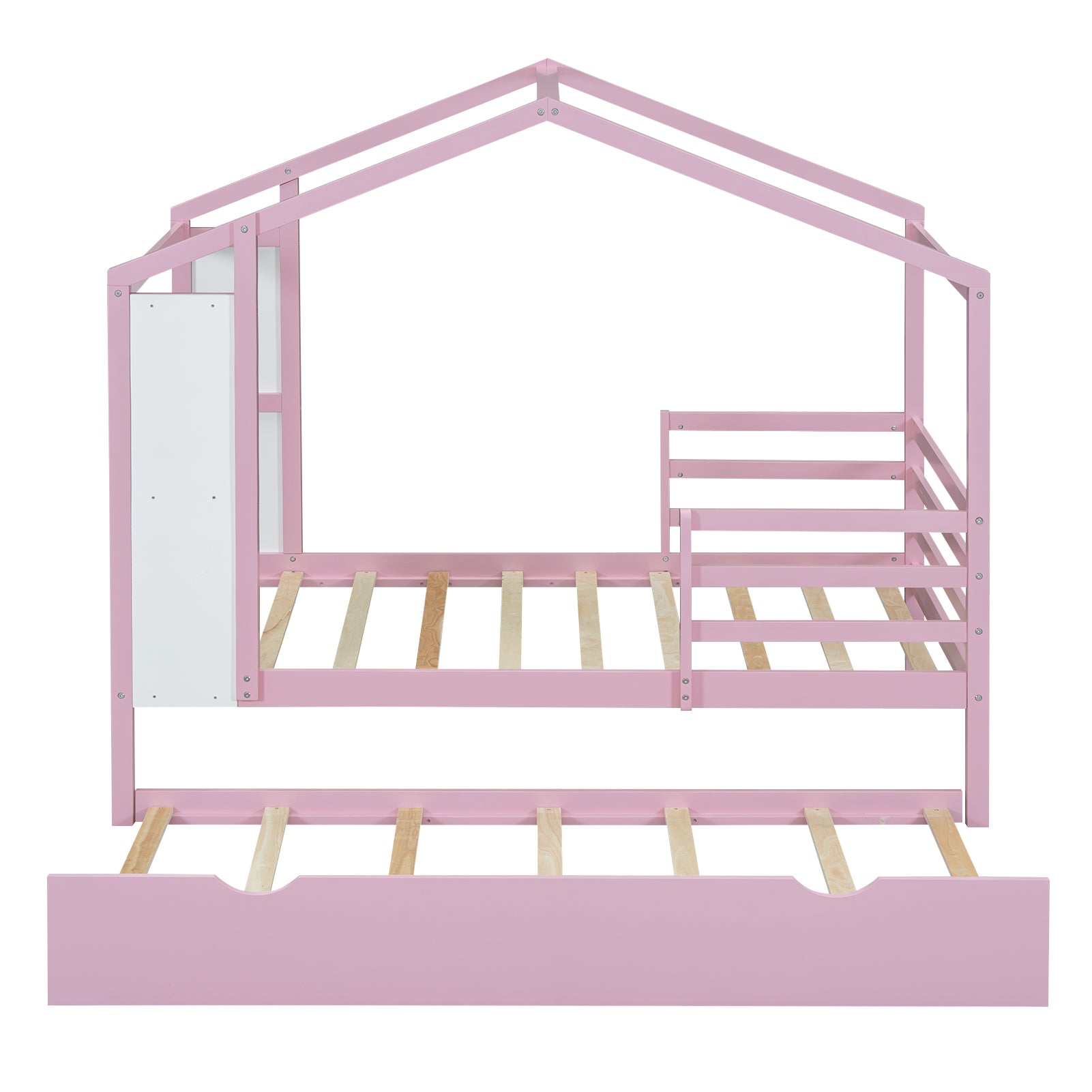 Twin Size Wood House Bed with Fence and Writing Board,Pink