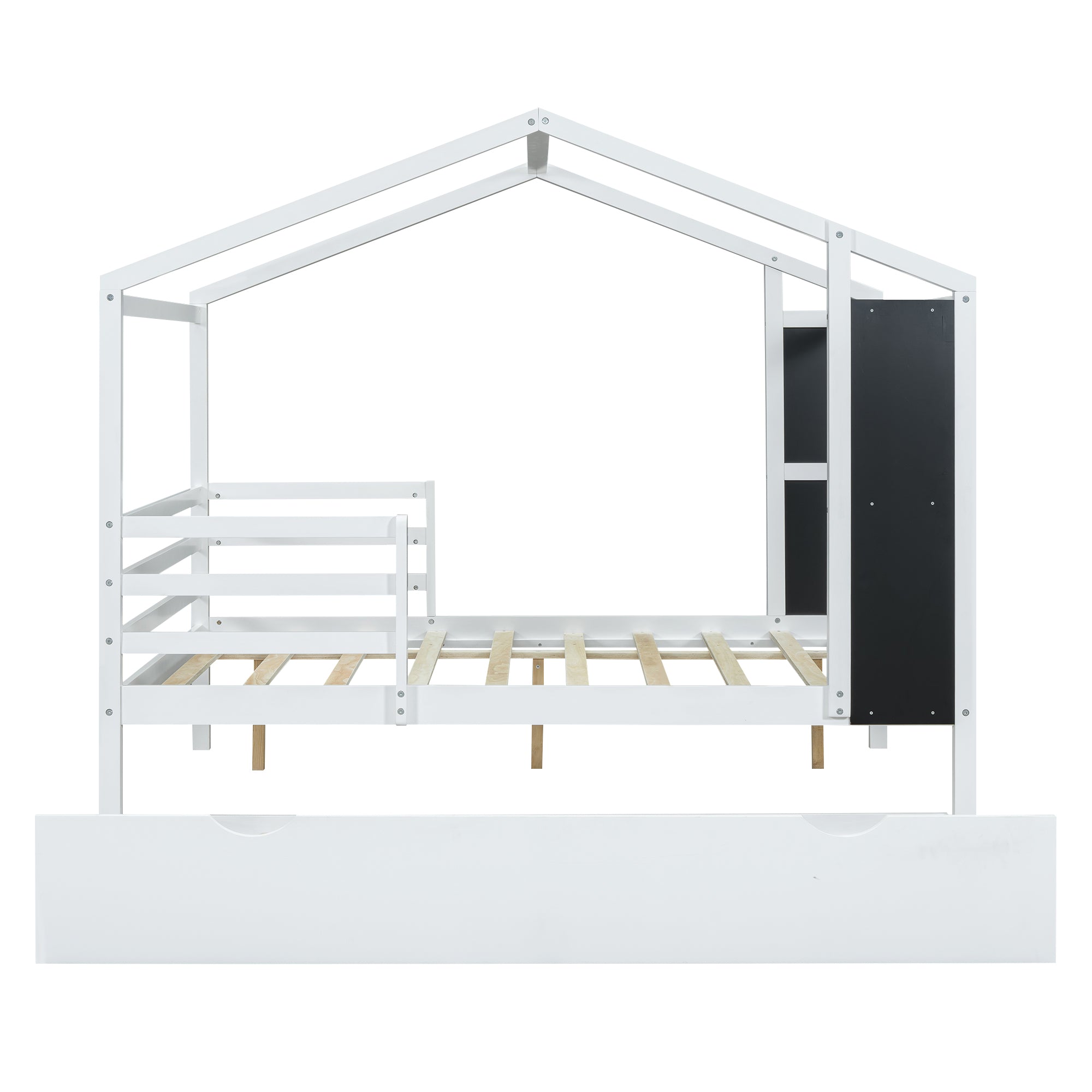 Full Size Wood House Bed with Fence and Writing Board, White