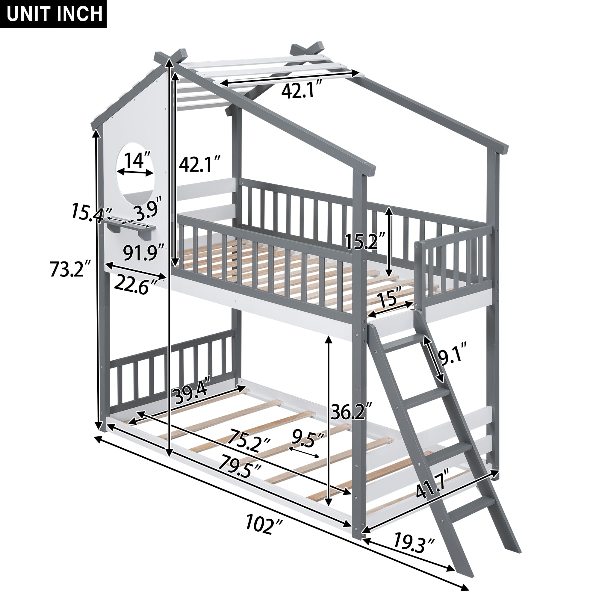 Twin Over Twin Bunk Bed Wood Bed with Roof, Window, Ladder,Gray