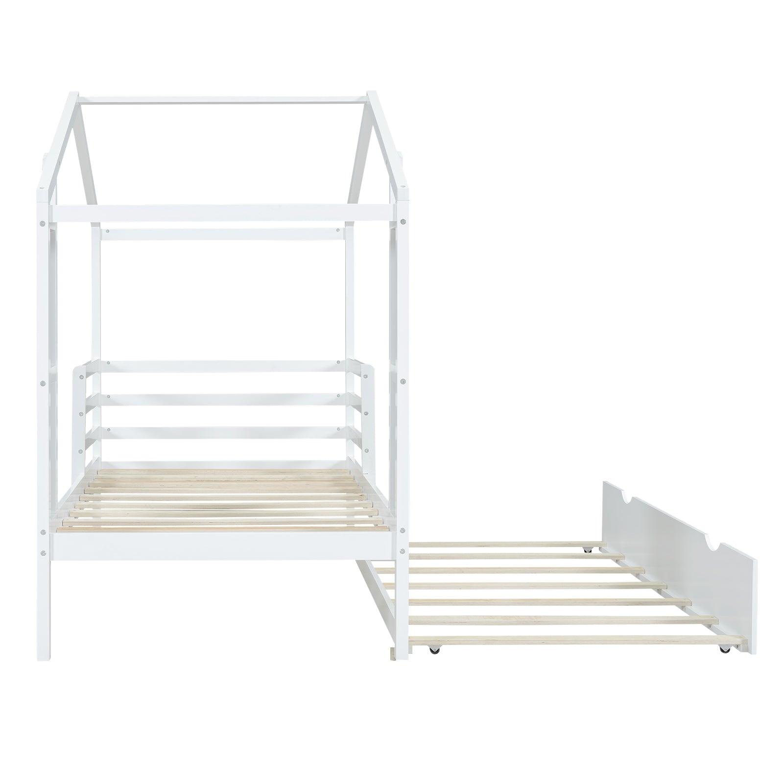 Twin Size Wood House Bed with Fence and Writing Board, White