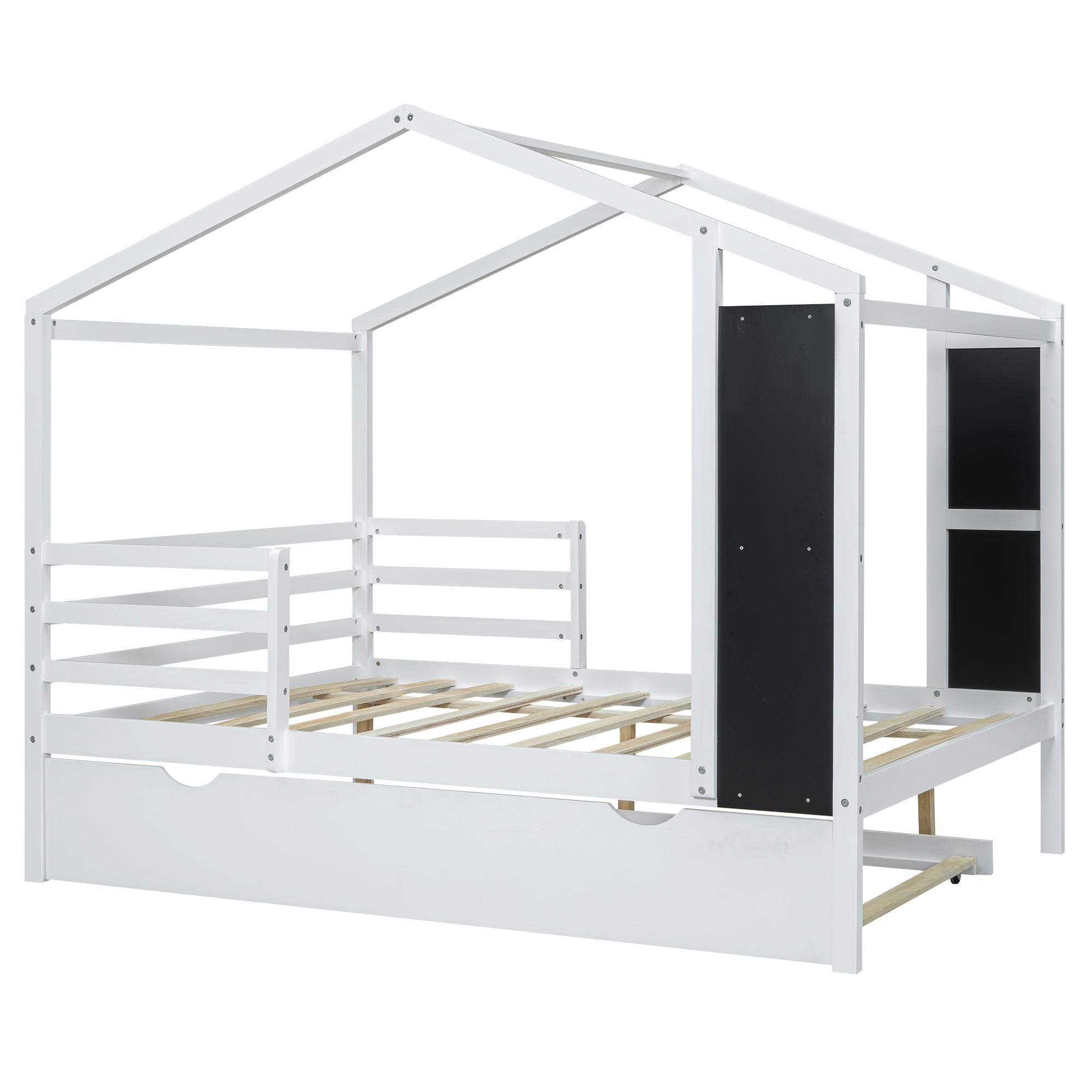 Full Size Wood House Bed with Fence and Writing Board, White