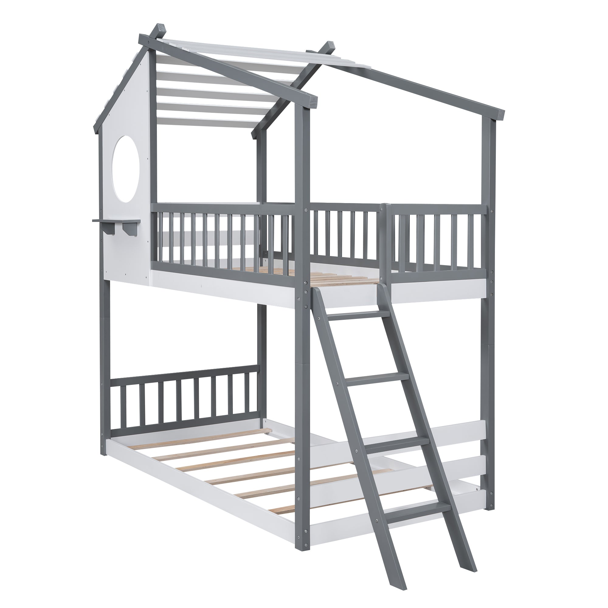 Twin Over Twin Bunk Bed Wood Bed with Roof, Window, Ladder,Gray