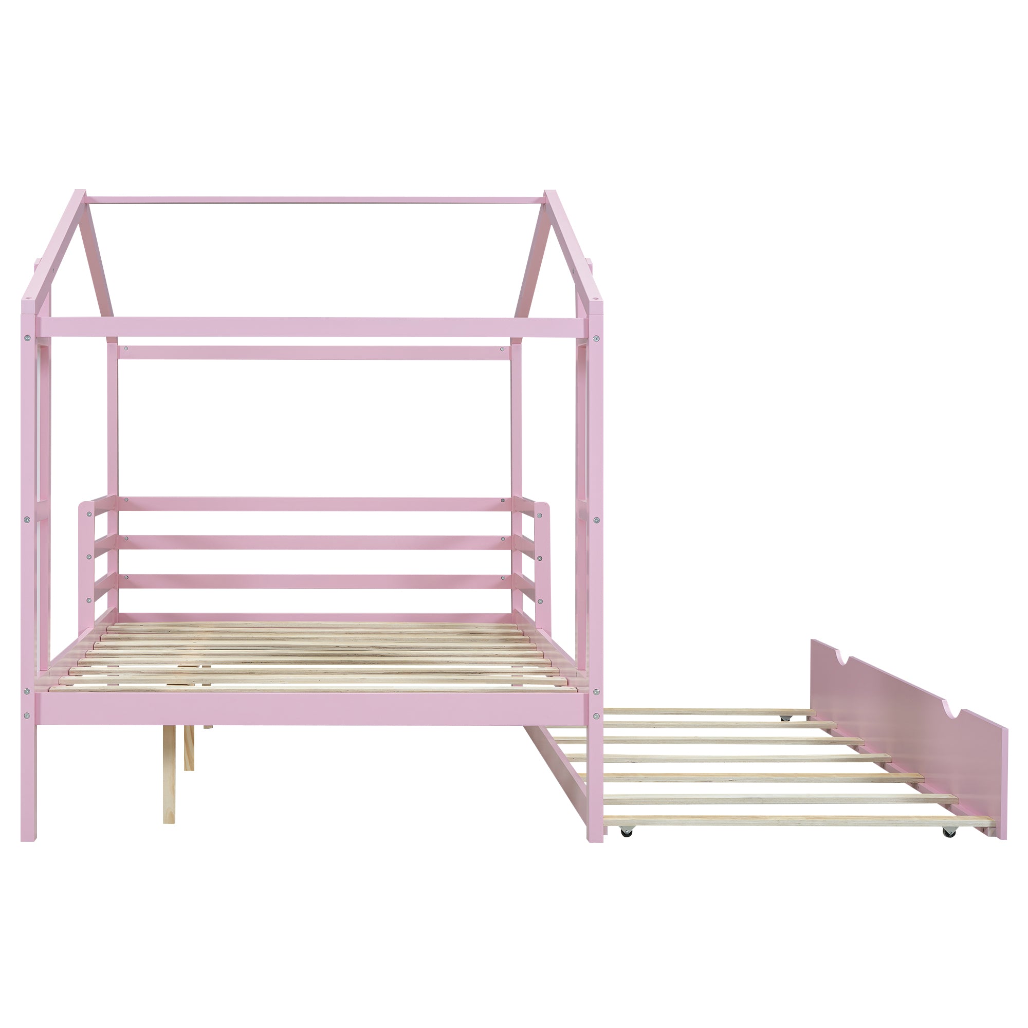 Full Size Wood House Bed with Fence and Writing Board, Pink