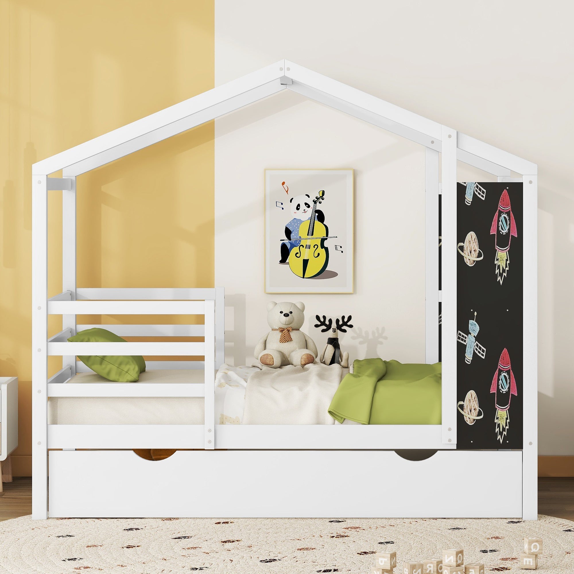 Twin Size Wood House Bed with Fence and Writing Board, White