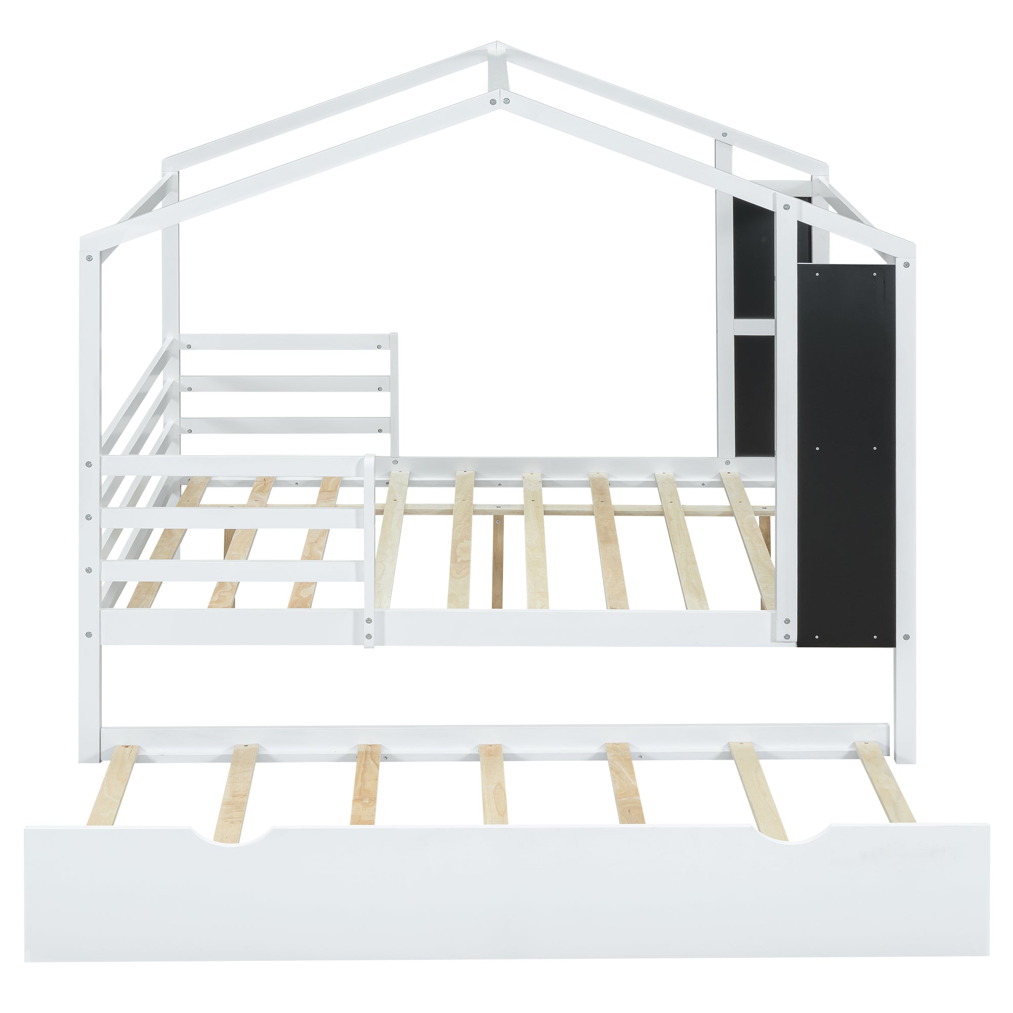 Full Size Wood House Bed with Fence and Writing Board, White