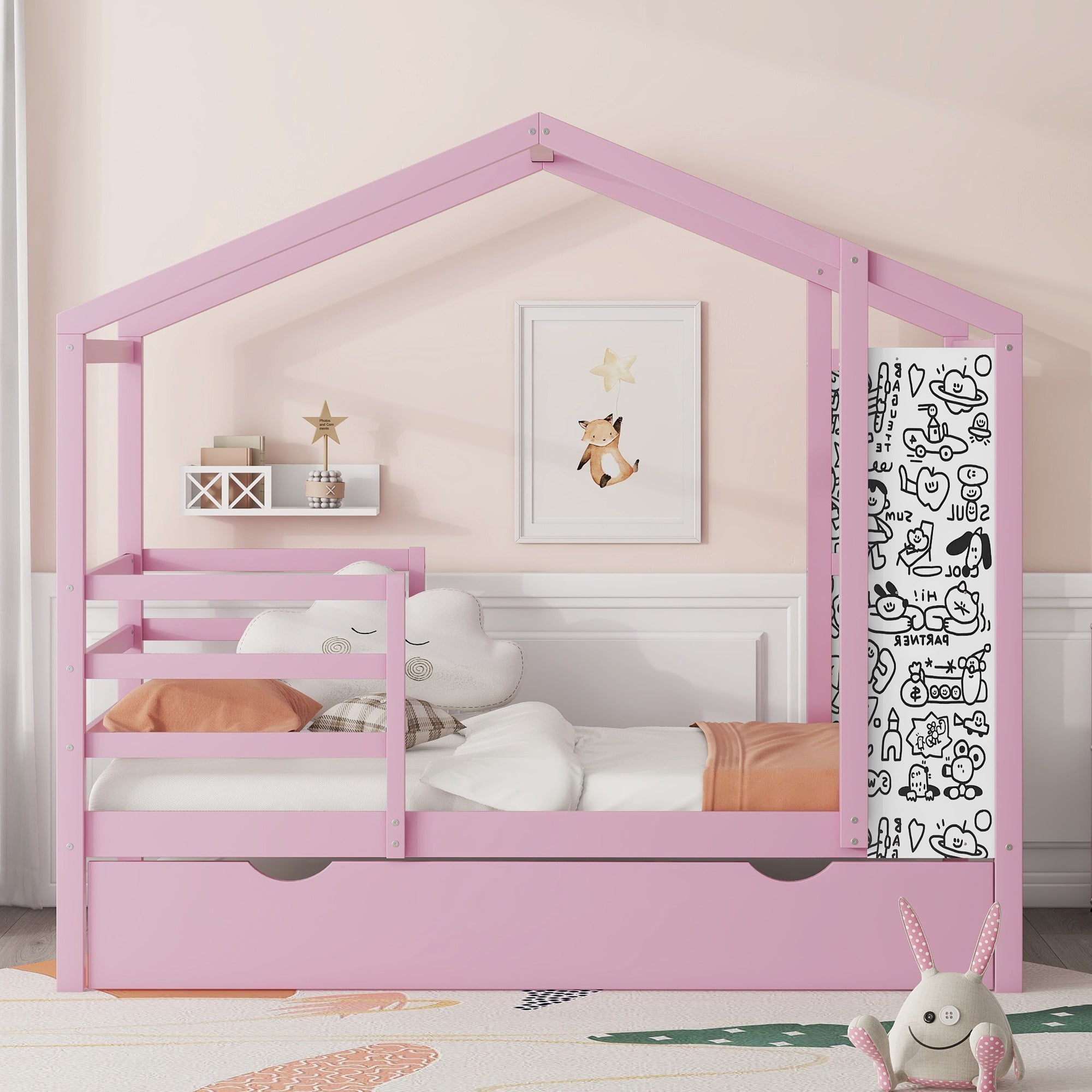 Twin Size Wood House Bed with Fence and Writing Board,Pink