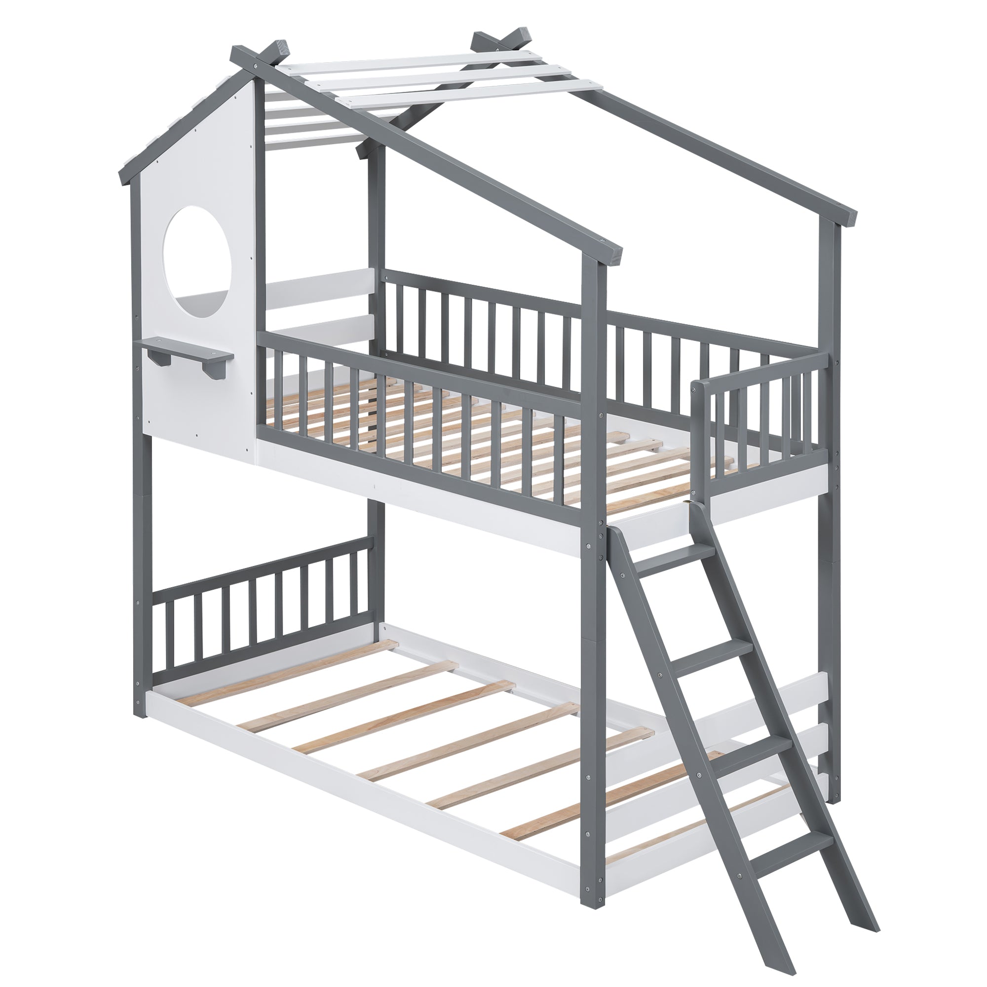 Twin Over Twin Bunk Bed Wood Bed with Roof, Window, Ladder,Gray