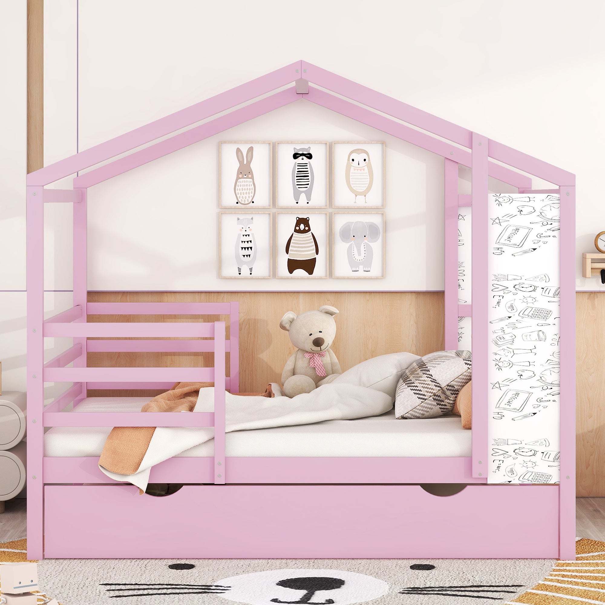 Full Size Wood House Bed with Fence and Writing Board, Pink