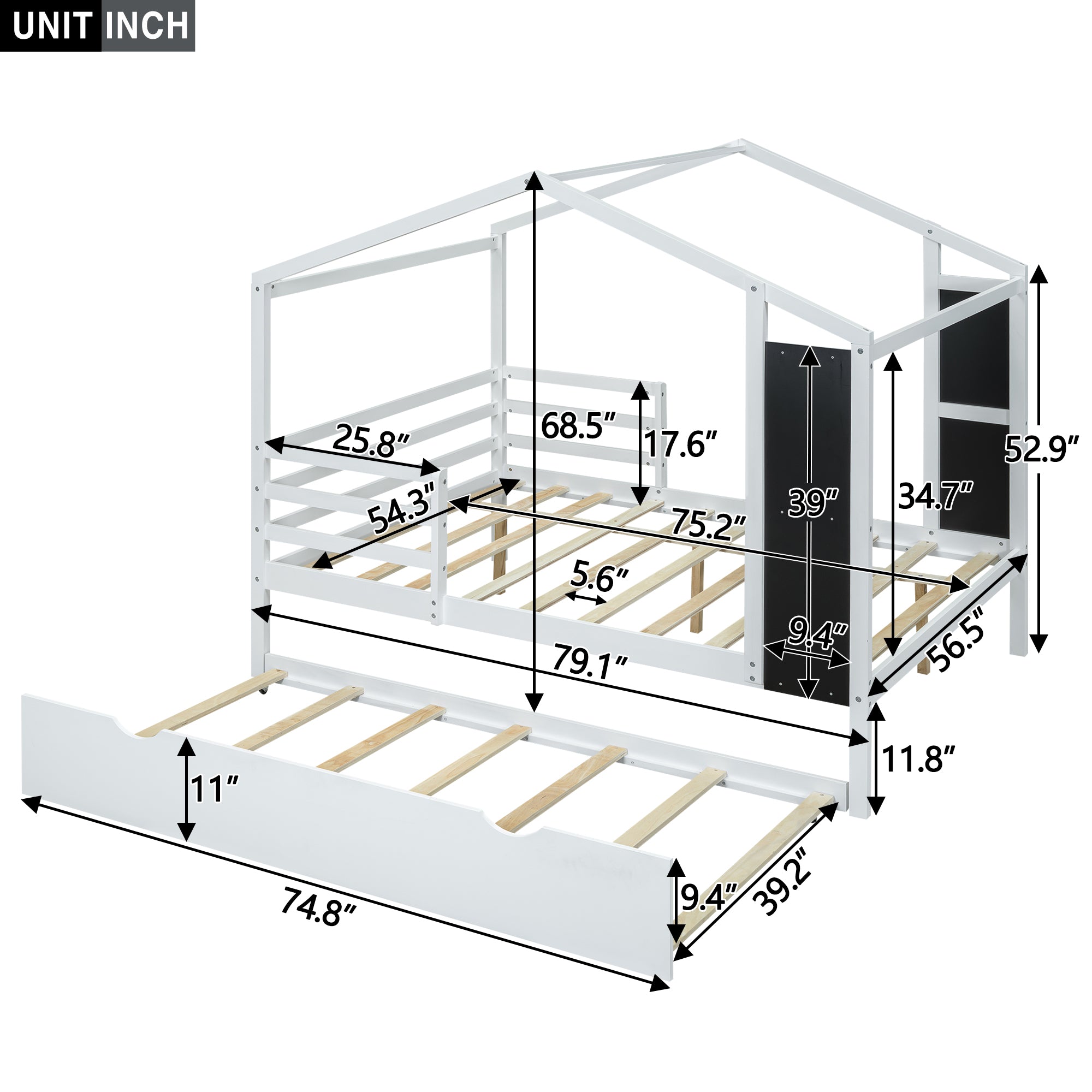 Full Size Wood House Bed with Fence and Writing Board, White