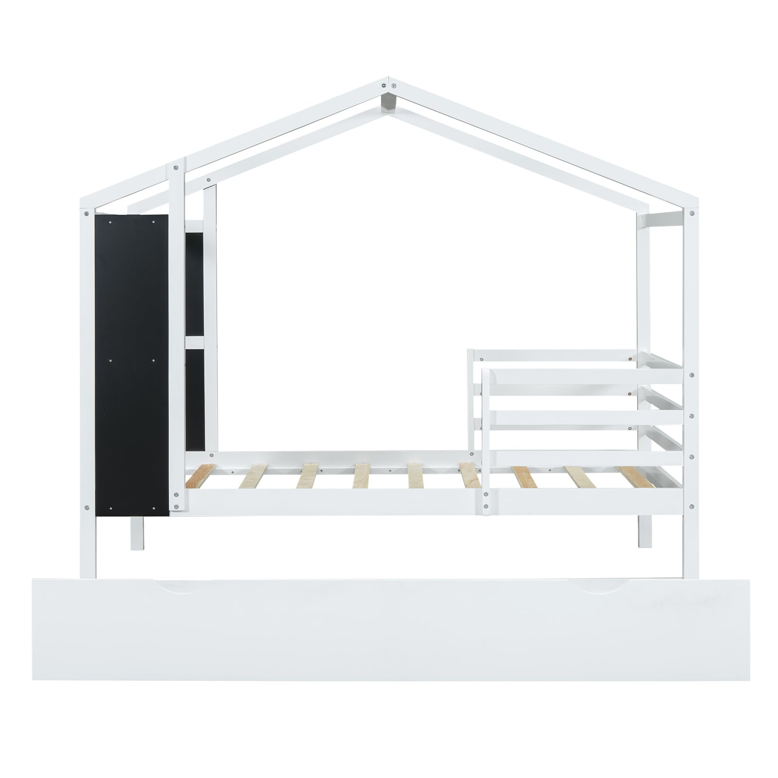 Twin Size Wood House Bed with Fence and Writing Board, White