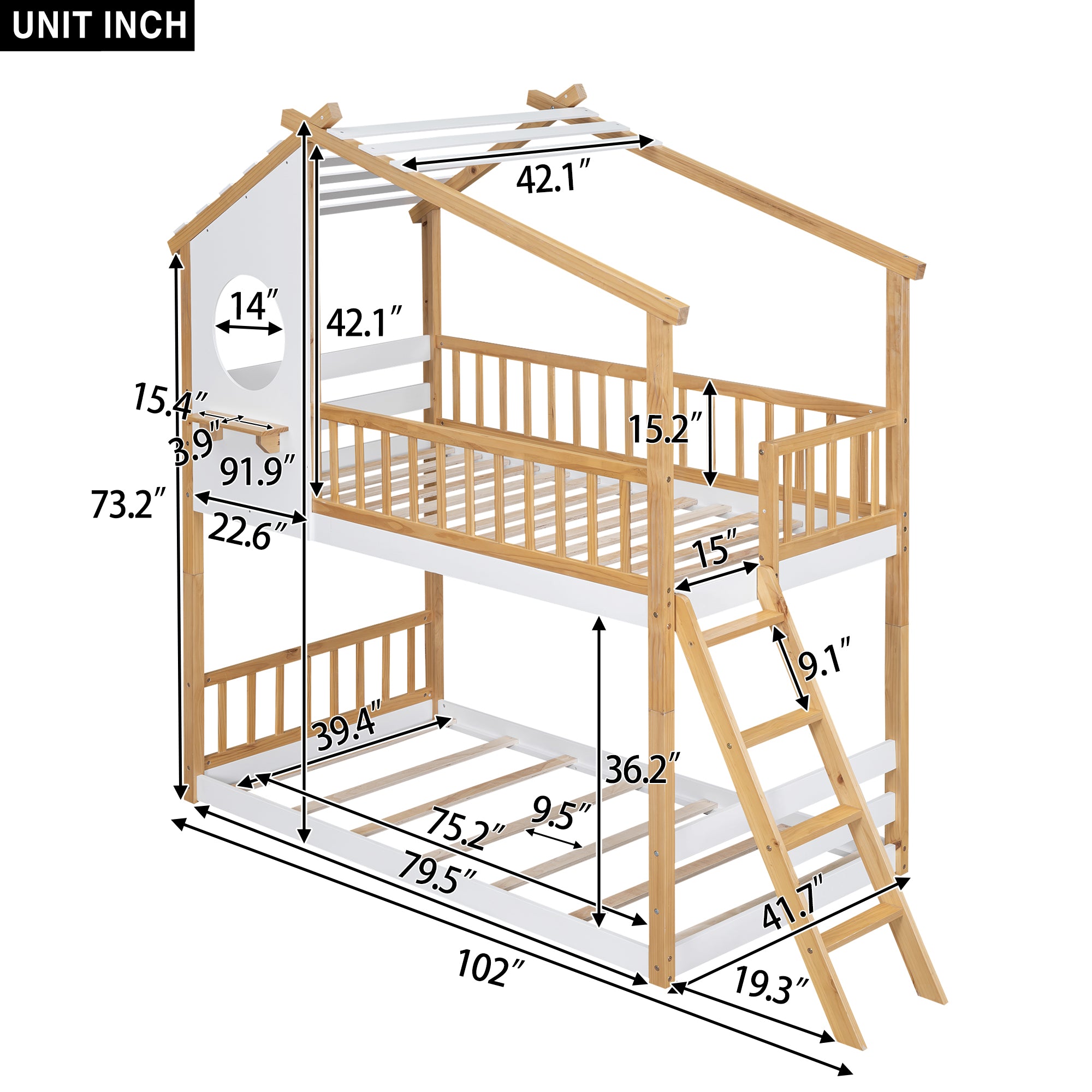 Twin Over Twin Bunk Bed Wood Bed with Roof, Window, Ladder,Natural