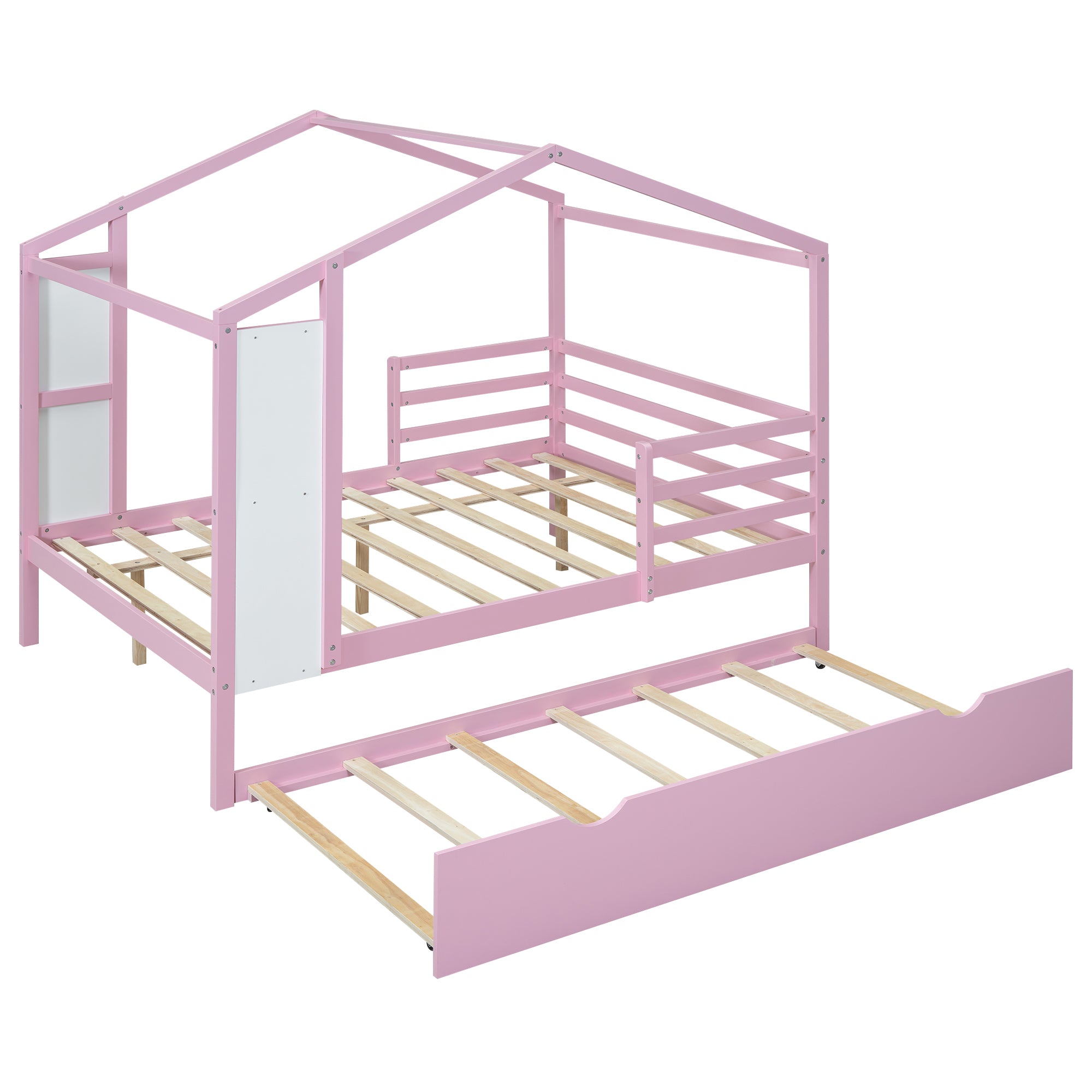 Full Size Wood House Bed with Fence and Writing Board, Pink