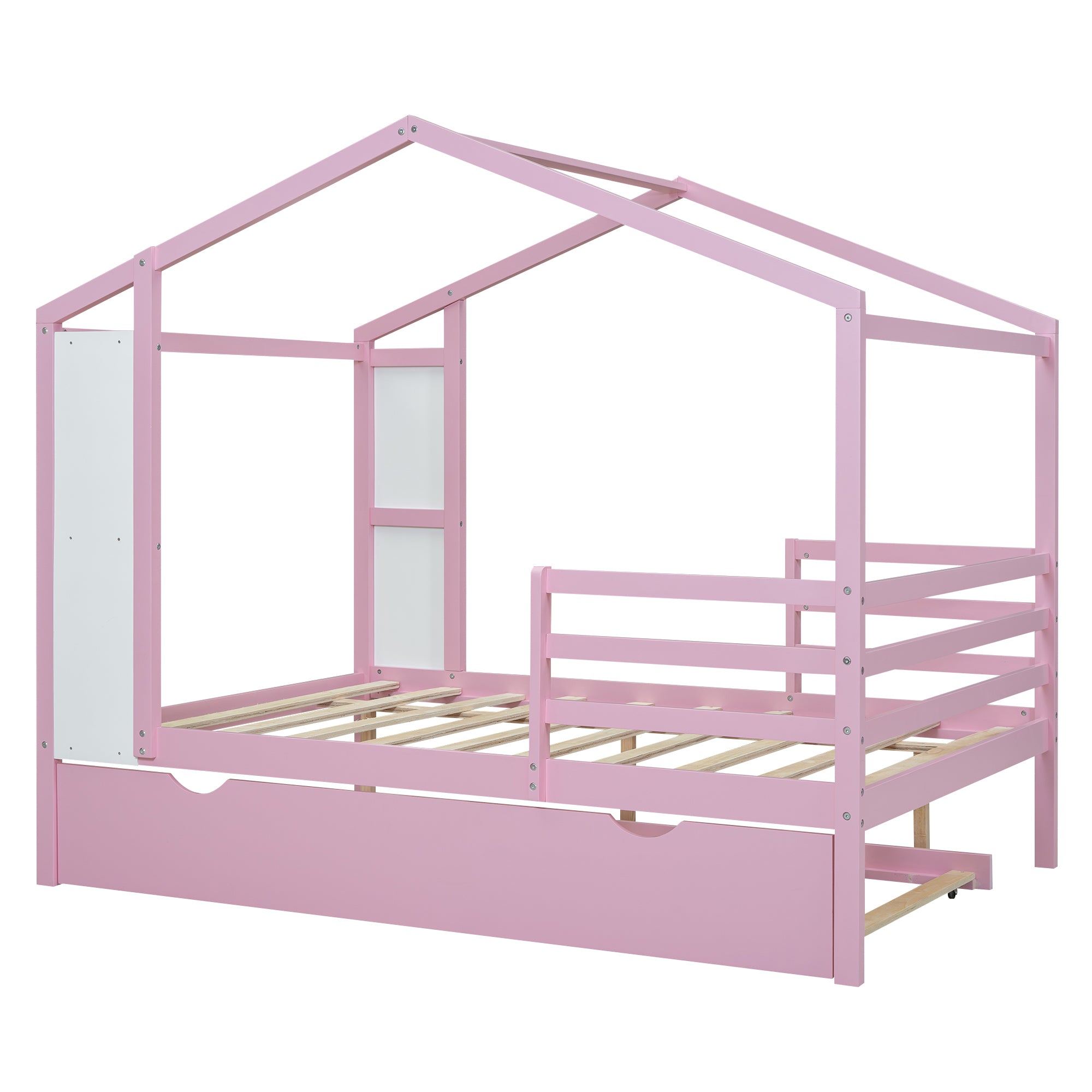 Full Size Wood House Bed with Fence and Writing Board, Pink