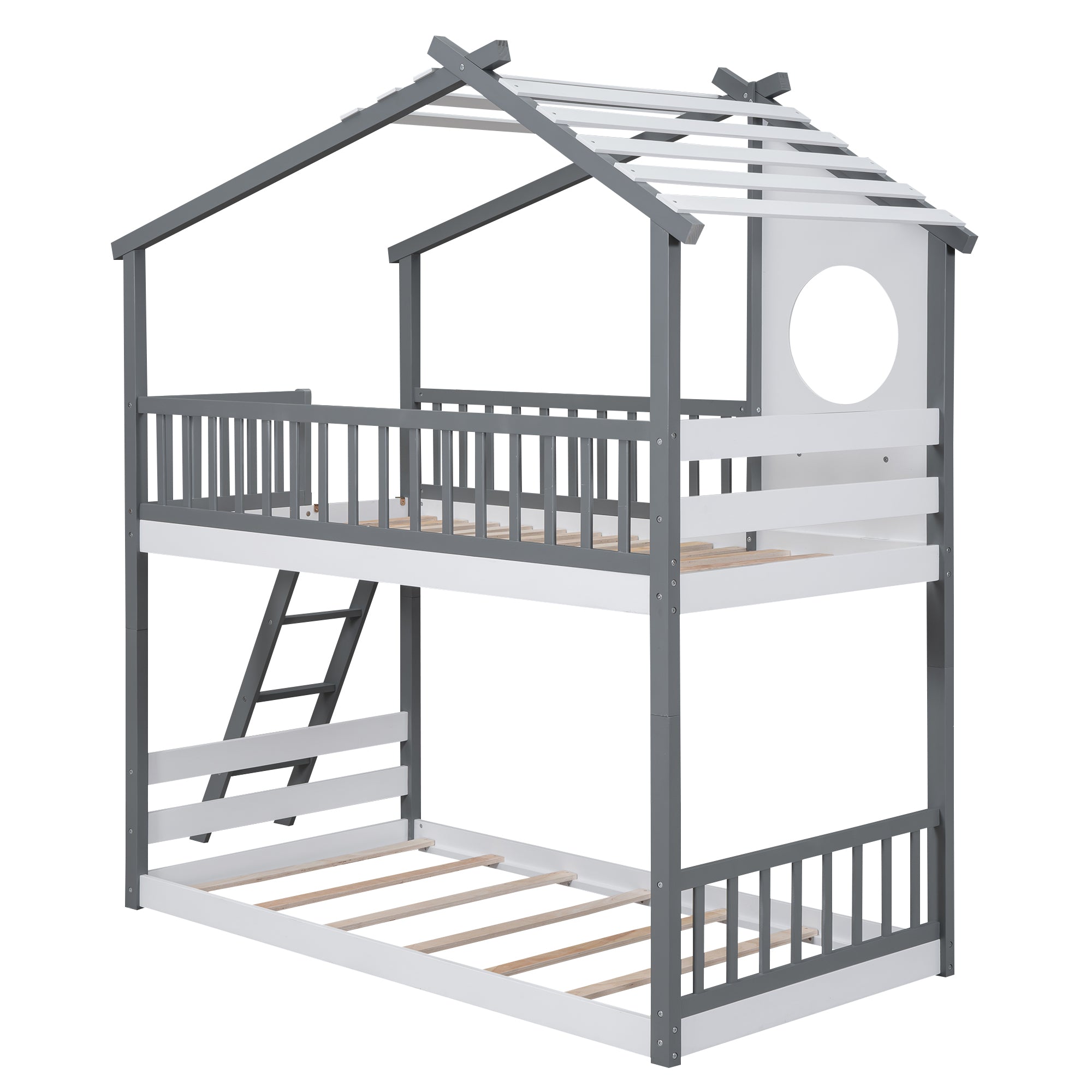 Twin Over Twin Bunk Bed Wood Bed with Roof, Window, Ladder,Gray