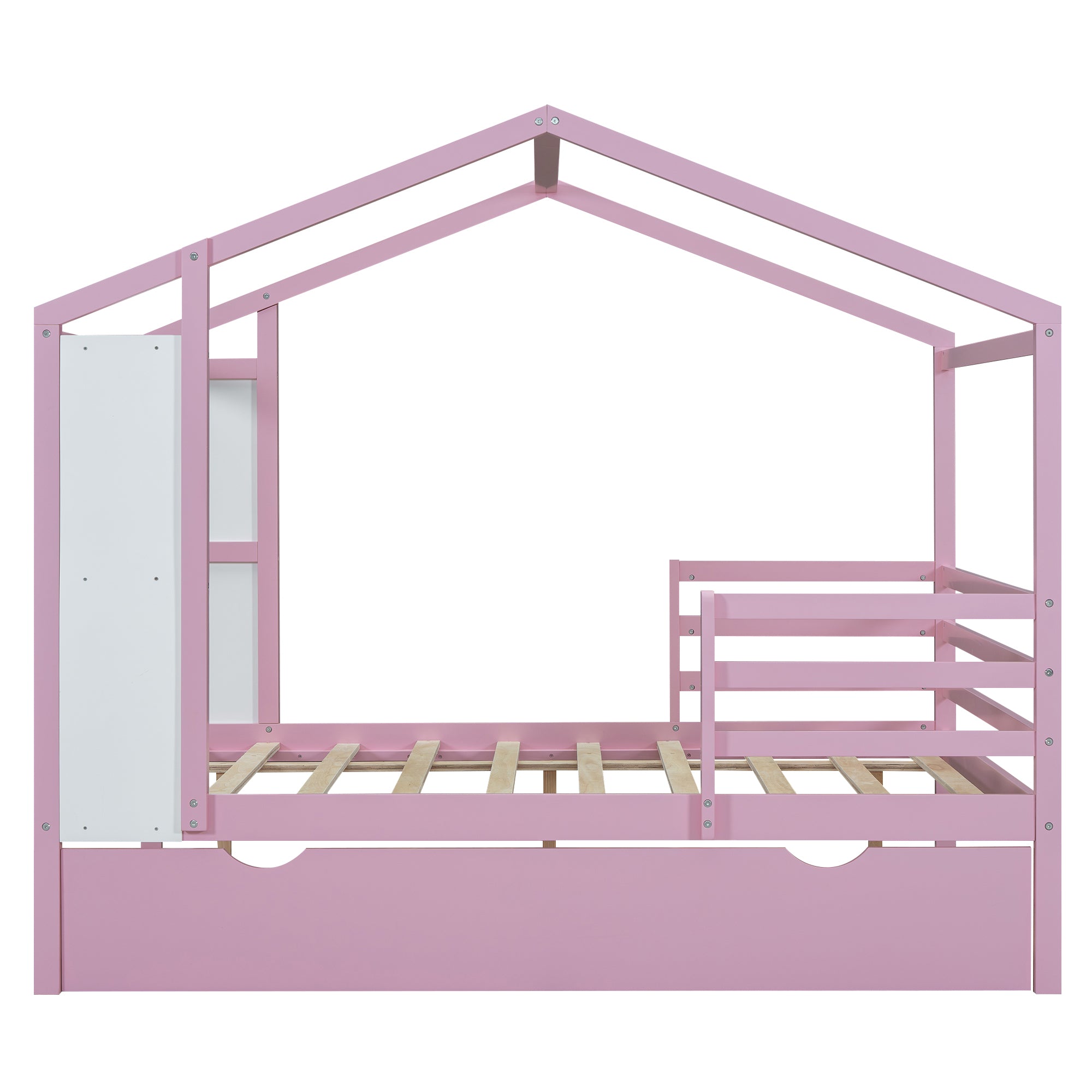 Full Size Wood House Bed with Fence and Writing Board, Pink