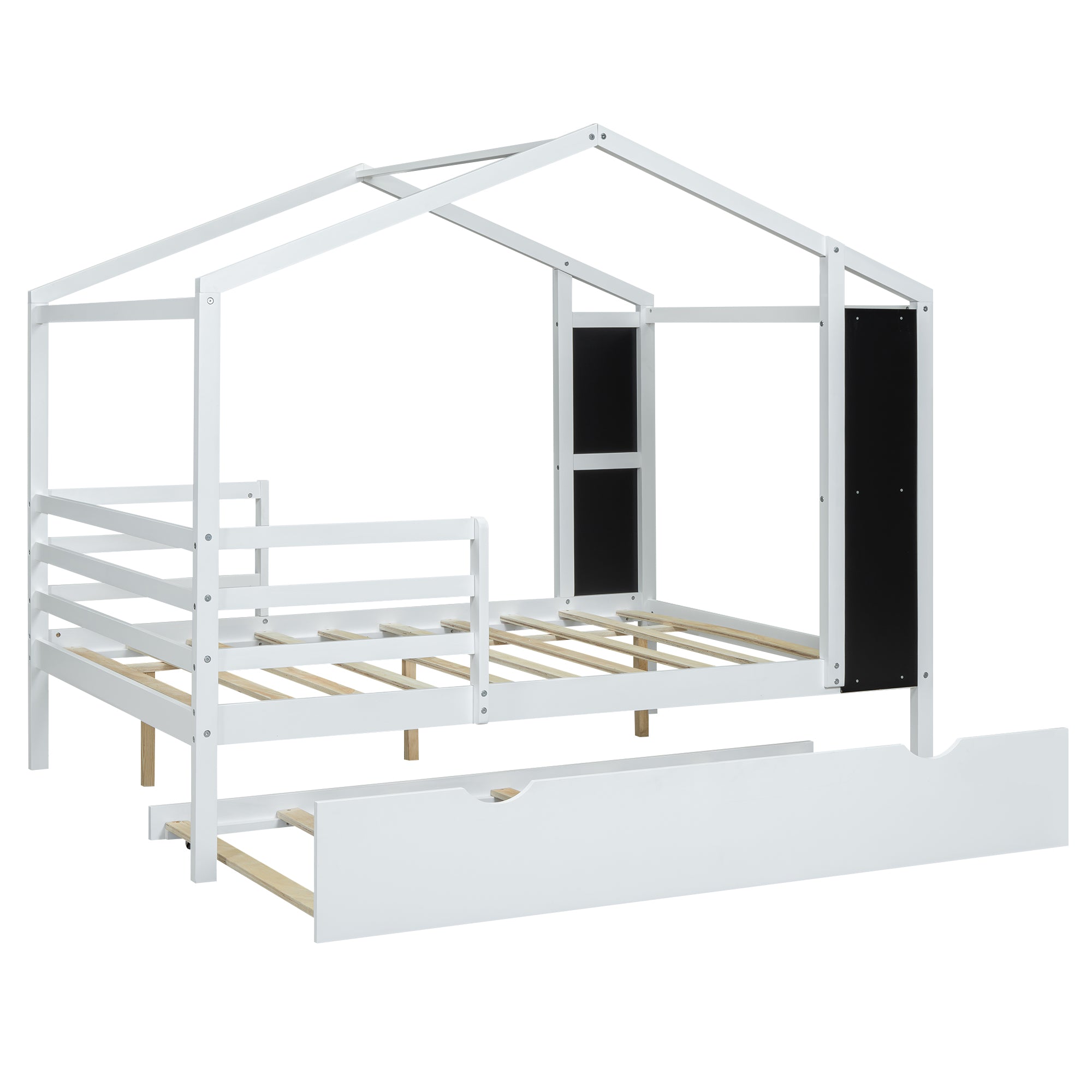 Full Size Wood House Bed with Fence and Writing Board, White