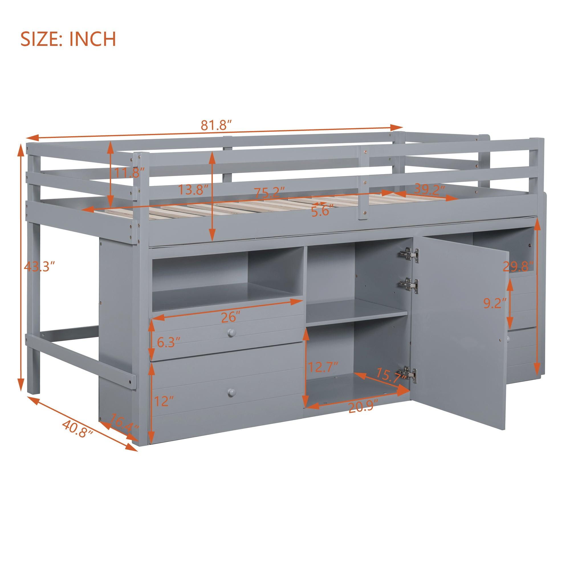 Twin Size Loft Bed with 4 Drawers, Underneath Cabinet and Shelves, Gray