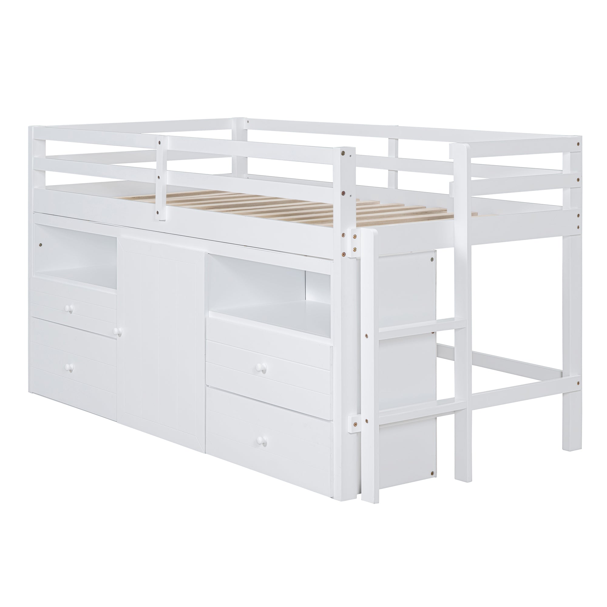 Twin Size Loft Bed with 4 Drawers, Underneath Cabinet and Shelves, White