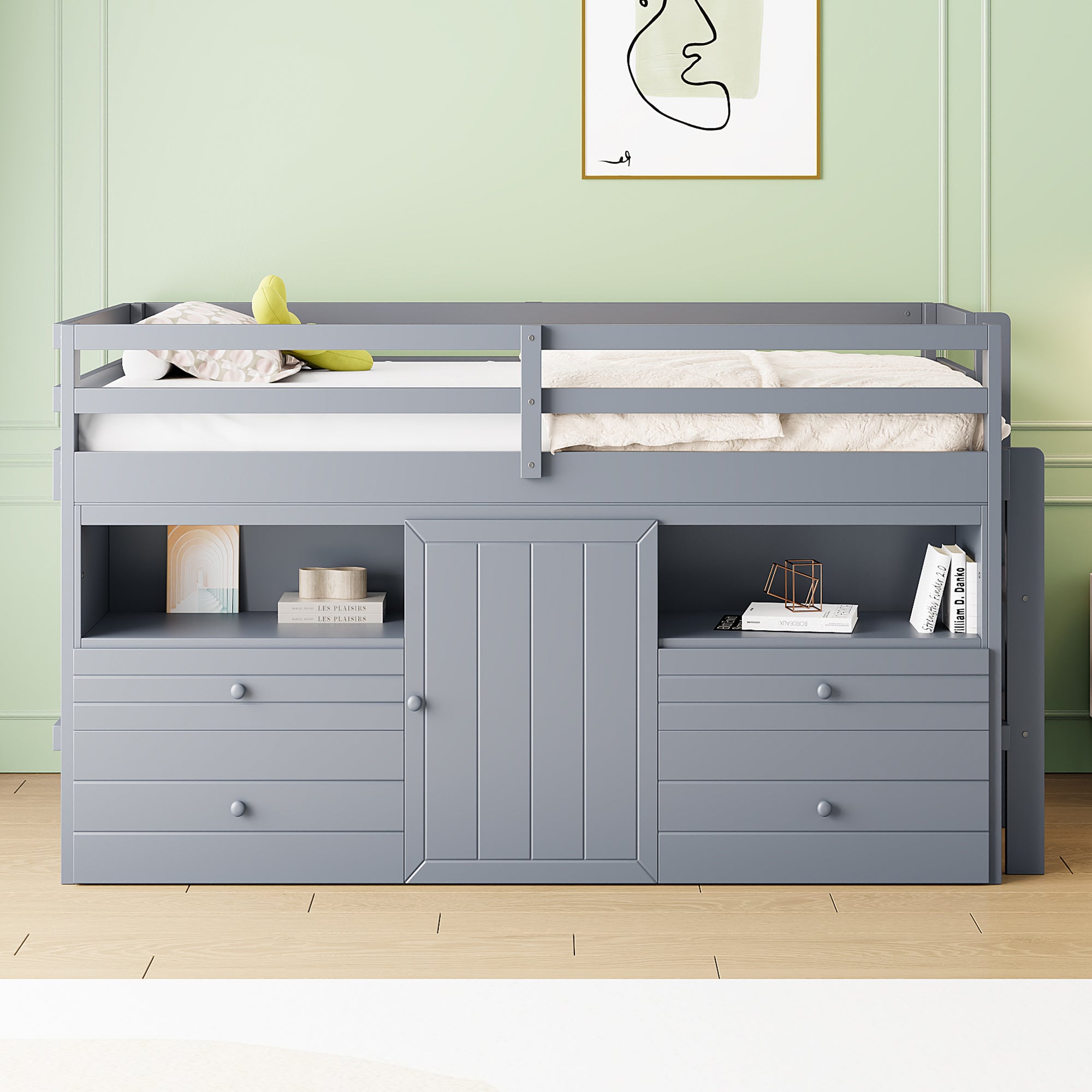 Twin Size Loft Bed with 4 Drawers, Underneath Cabinet and Shelves, Gray