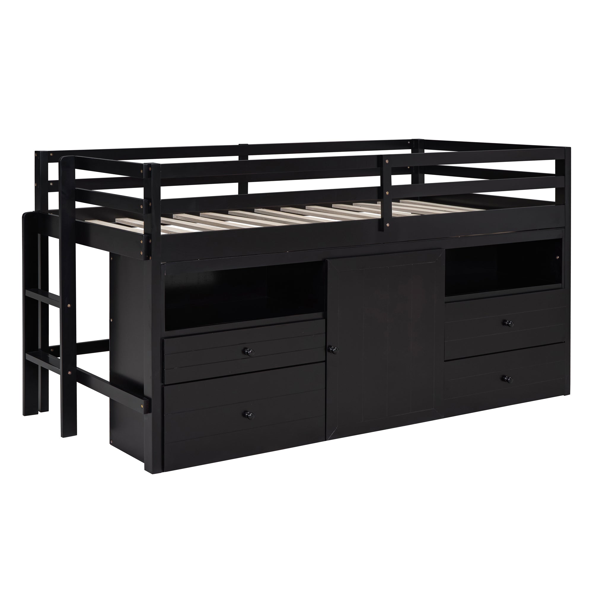 Twin Size Loft Bed with 4 Drawers, Underneath Cabinet and Shelves, Espresso