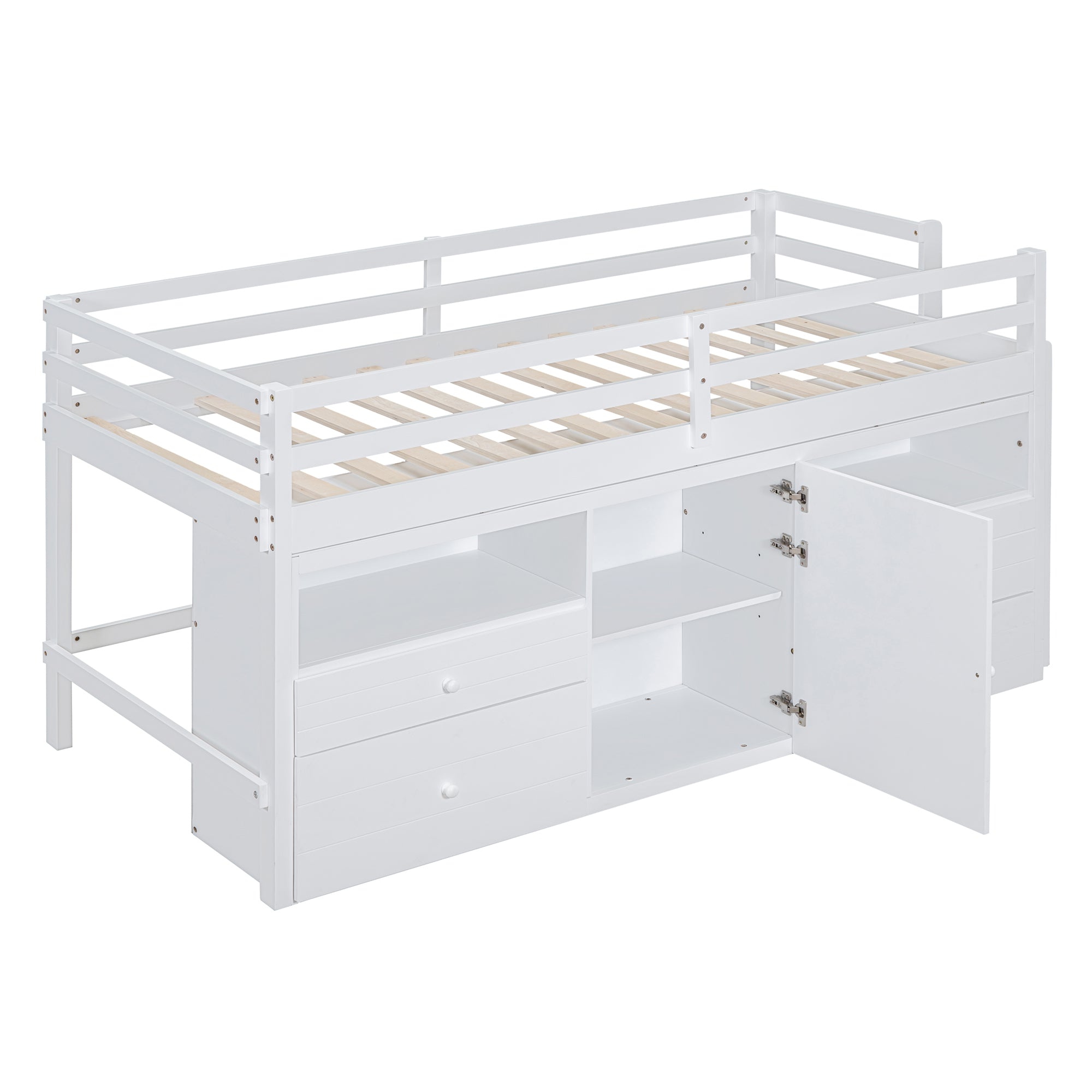 Twin Size Loft Bed with 4 Drawers, Underneath Cabinet and Shelves, White