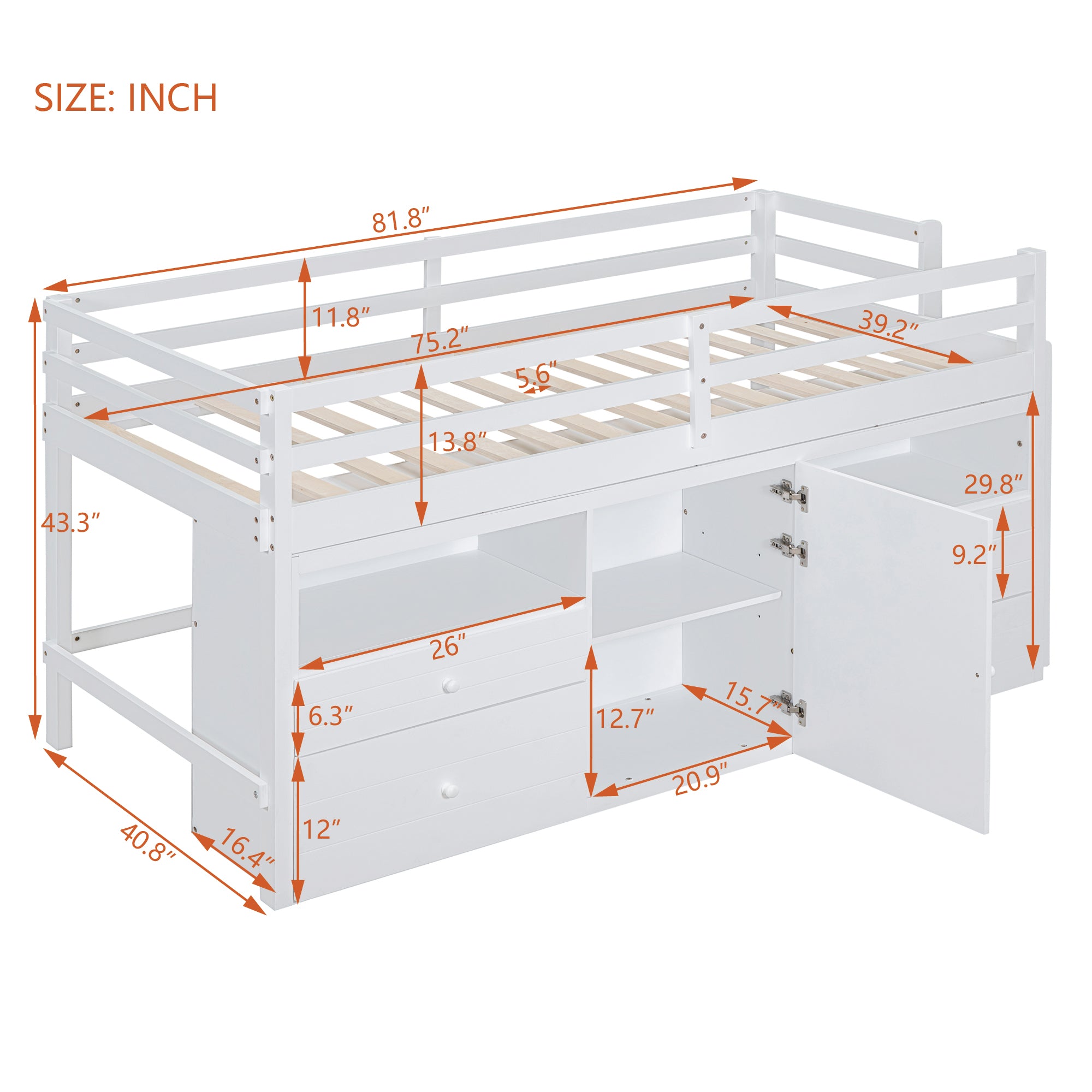 Twin Size Loft Bed with 4 Drawers, Underneath Cabinet and Shelves, White