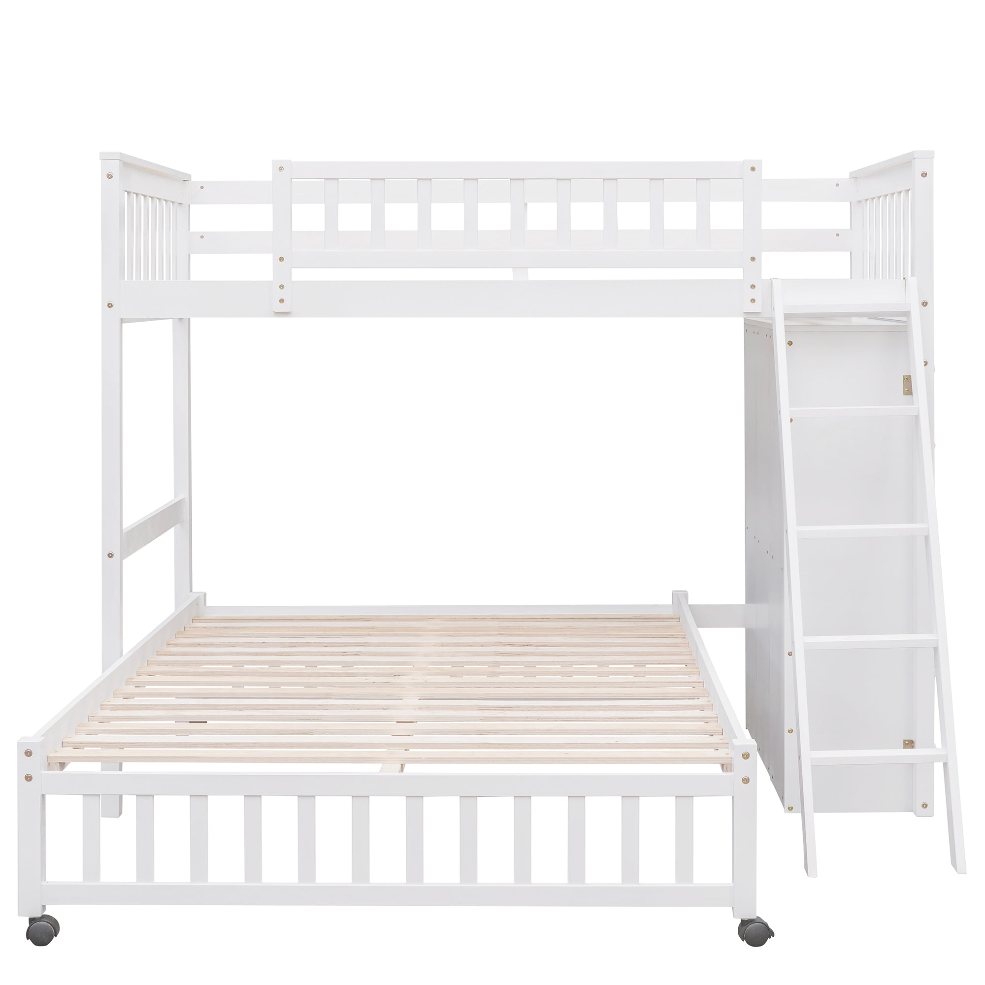 Wooden Twin Over Full Bunk Bed With Six Drawers And Flexible Shelves,Bottom Bed With Wheels,White