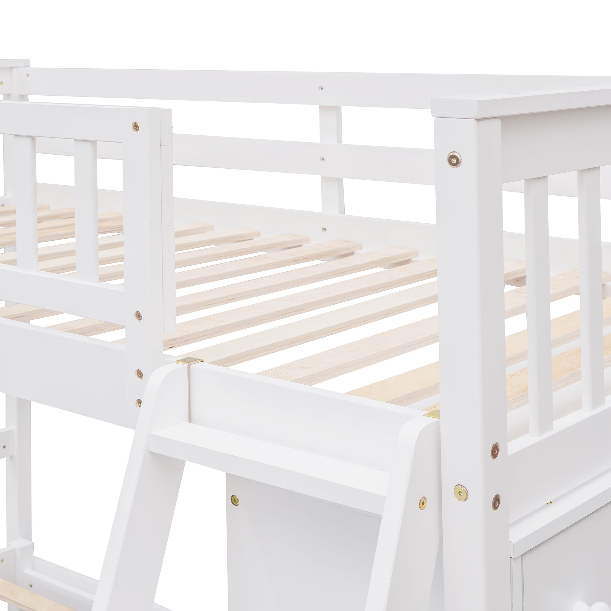 Wooden Twin Over Full Bunk Bed With Six Drawers And Flexible Shelves,Bottom Bed With Wheels,White