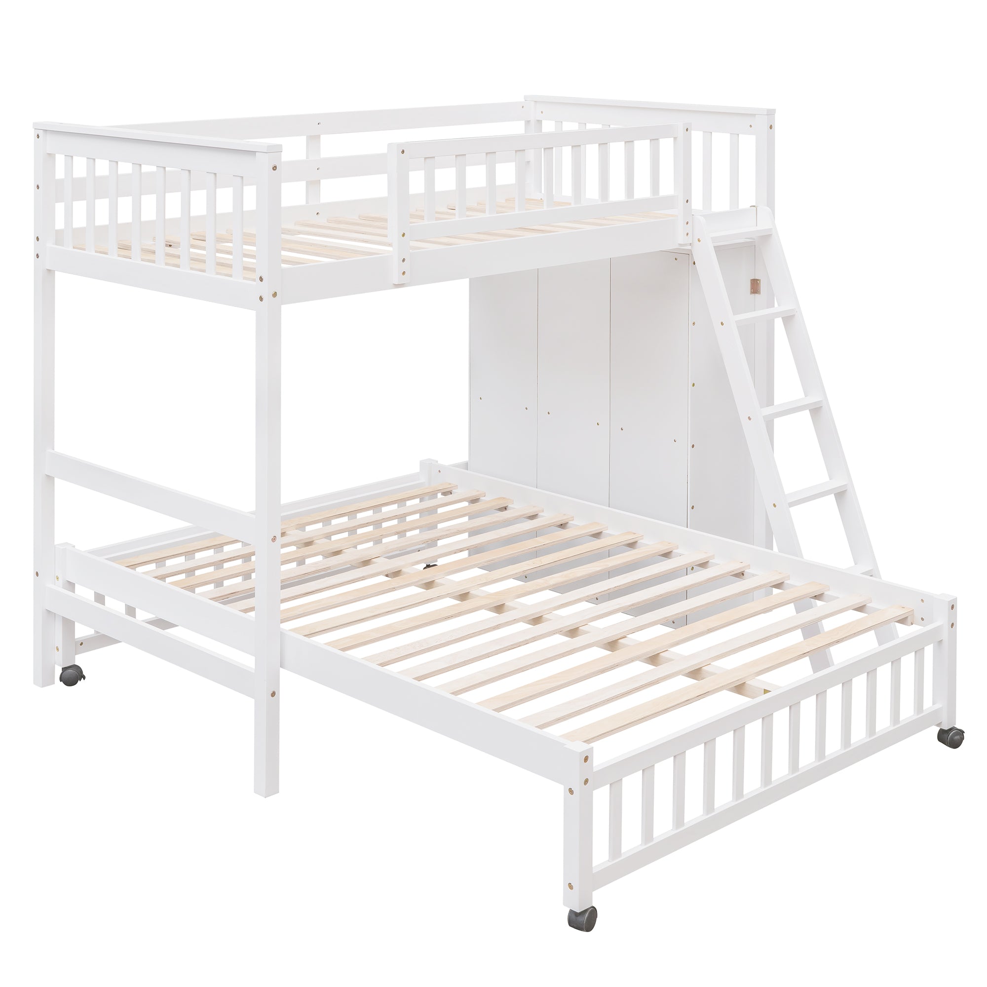 Wooden Twin Over Full Bunk Bed With Six Drawers And Flexible Shelves,Bottom Bed With Wheels,White