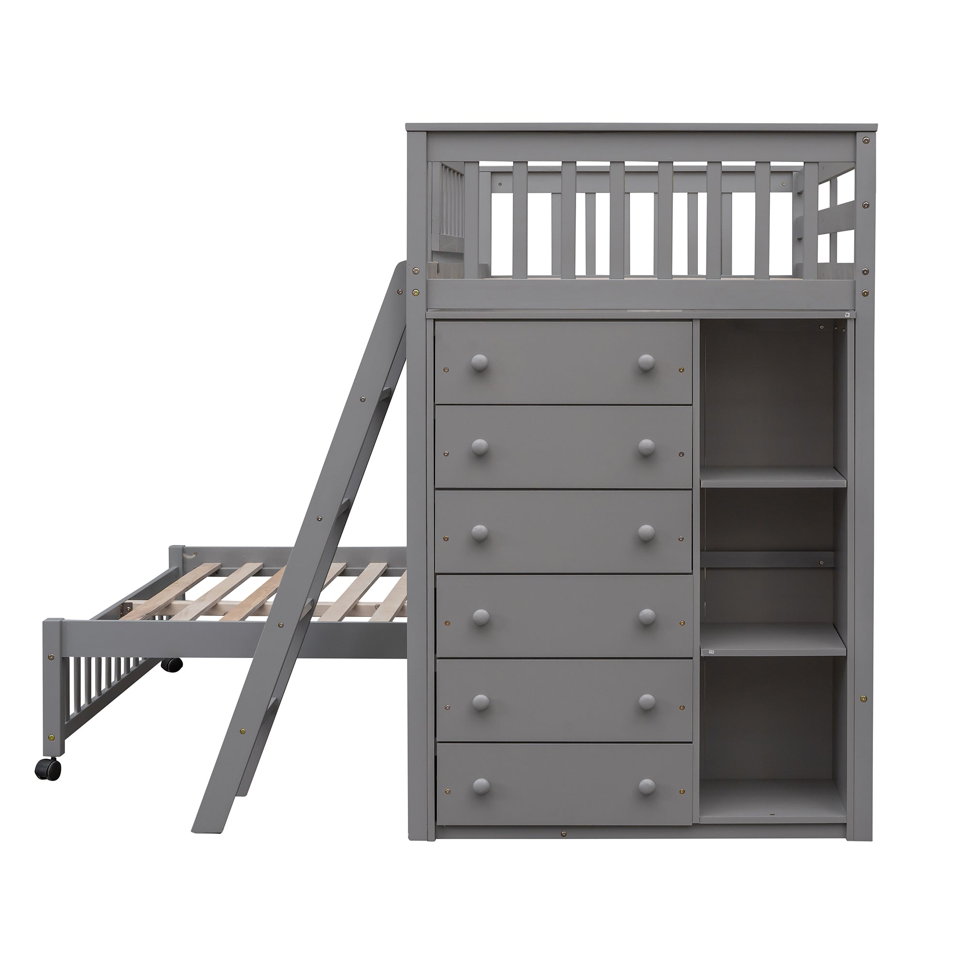 Wooden Twin Over Full Bunk Bed With Six Drawers And Flexible Shelves,Bottom Bed With Wheels,Gray