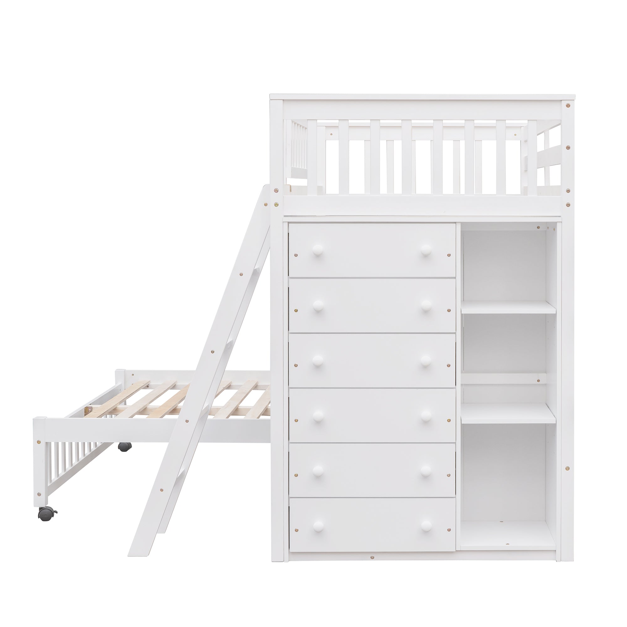 Wooden Twin Over Full Bunk Bed With Six Drawers And Flexible Shelves,Bottom Bed With Wheels,White