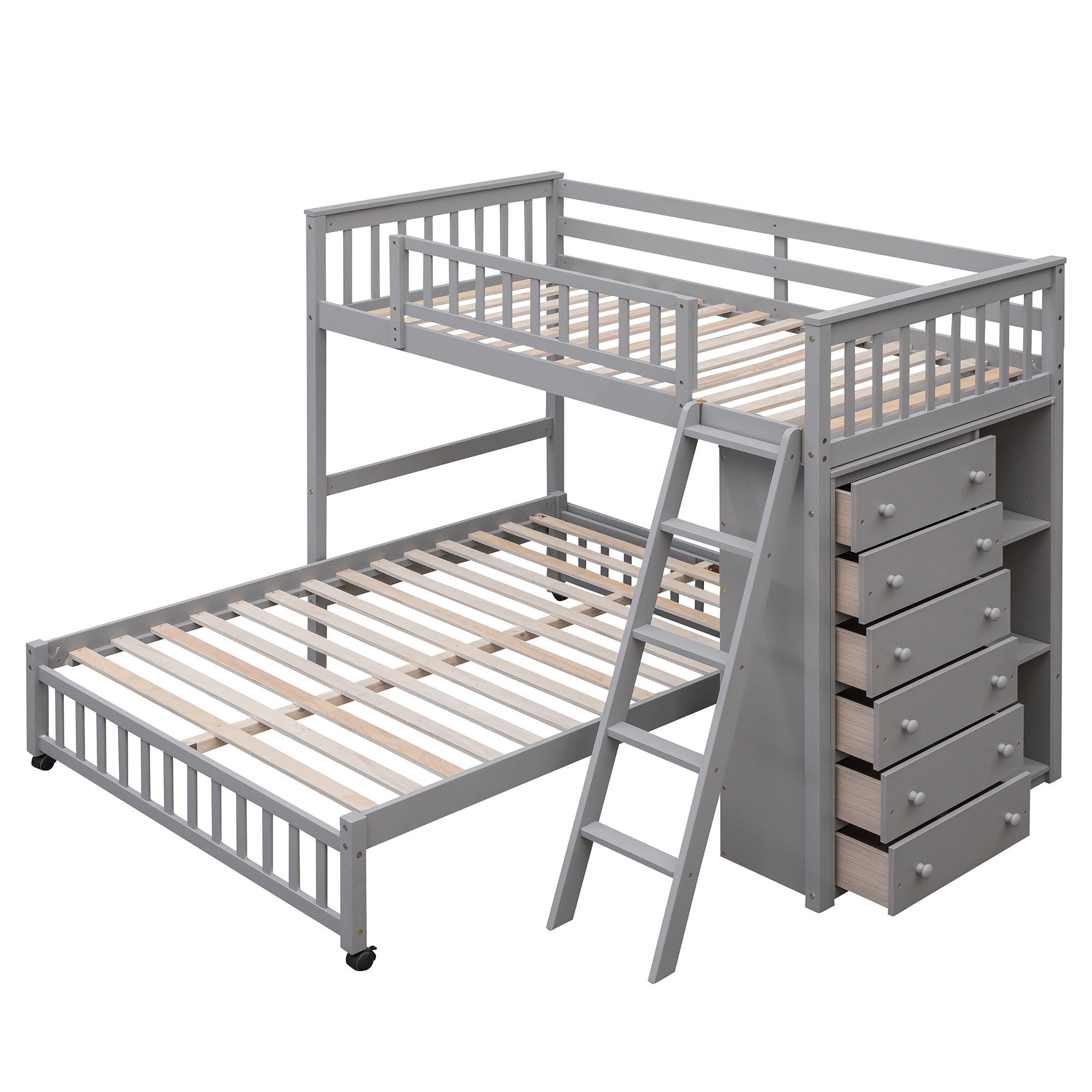 Wooden Twin Over Full Bunk Bed With Six Drawers And Flexible Shelves,Bottom Bed With Wheels,Gray