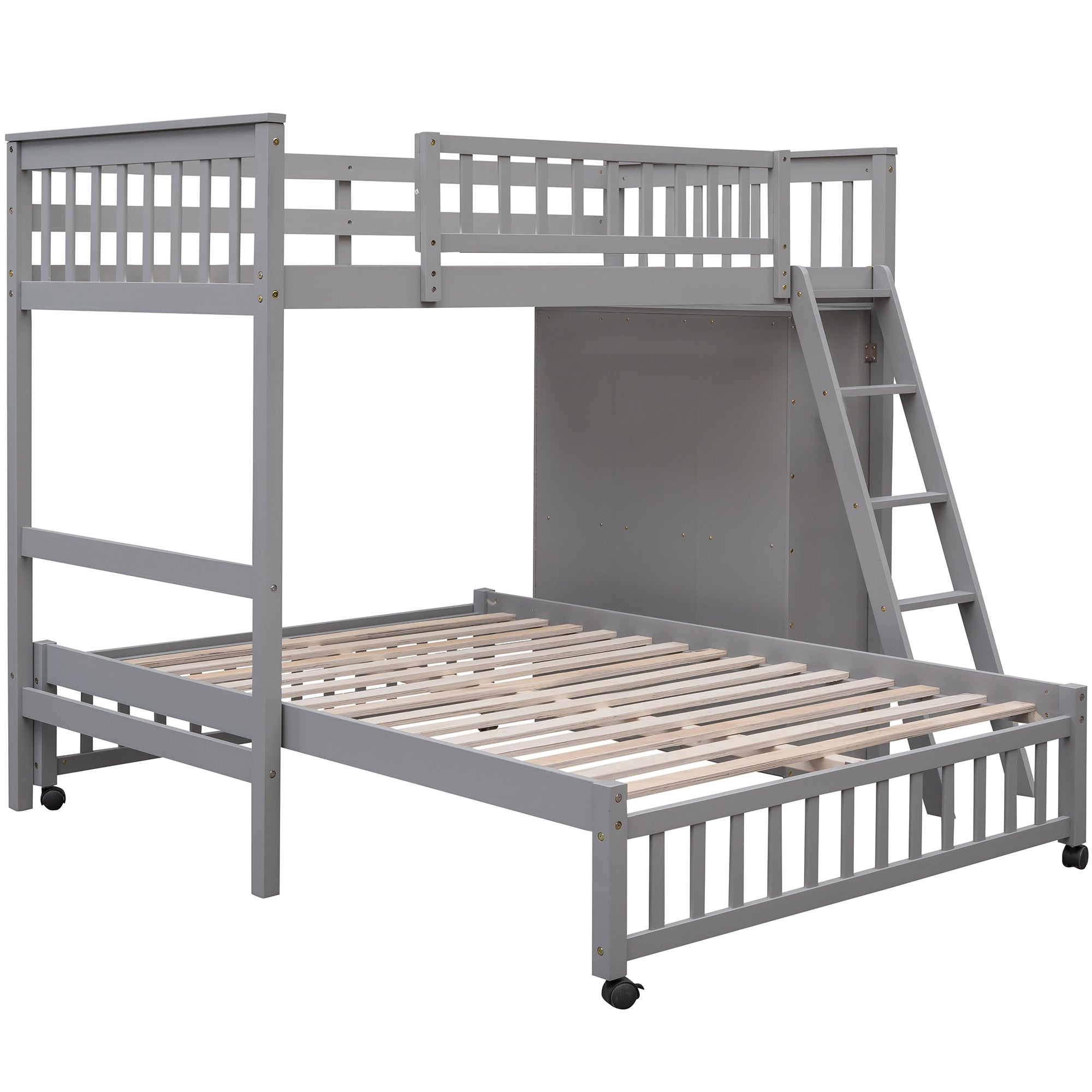 Wooden Twin Over Full Bunk Bed With Six Drawers And Flexible Shelves,Bottom Bed With Wheels,Gray