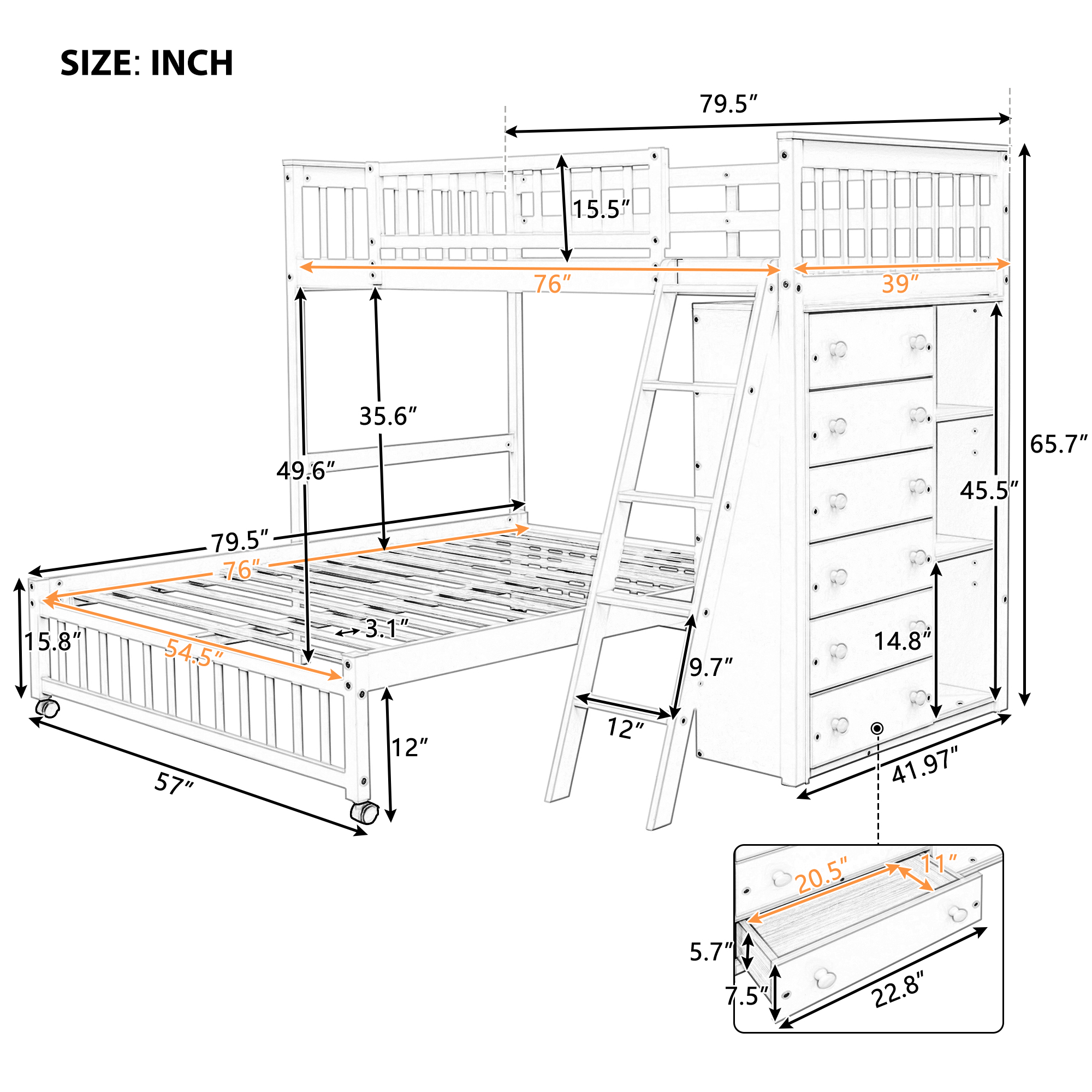 Wooden Twin Over Full Bunk Bed With Six Drawers And Flexible Shelves,Bottom Bed With Wheels,White