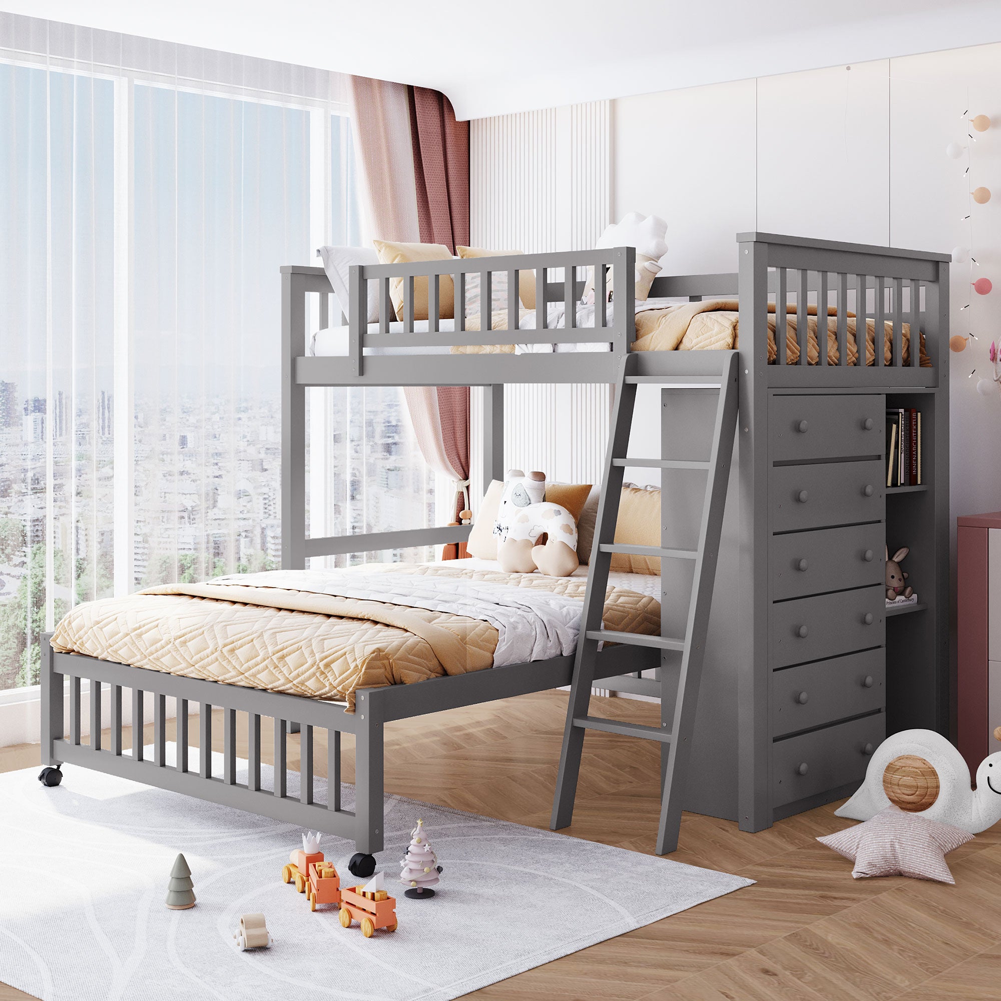 Wooden Twin Over Full Bunk Bed With Six Drawers And Flexible Shelves,Bottom Bed With Wheels,Gray