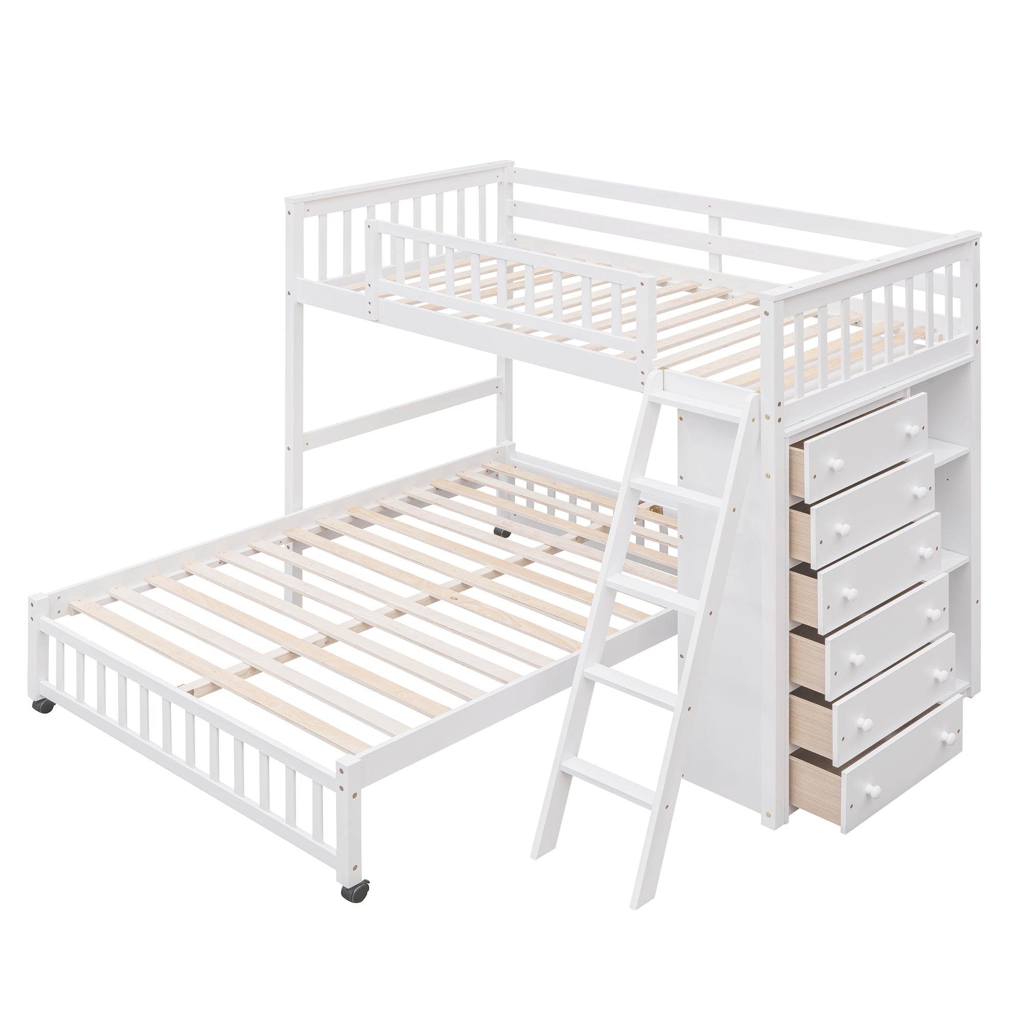 Wooden Twin Over Full Bunk Bed With Six Drawers And Flexible Shelves,Bottom Bed With Wheels,White