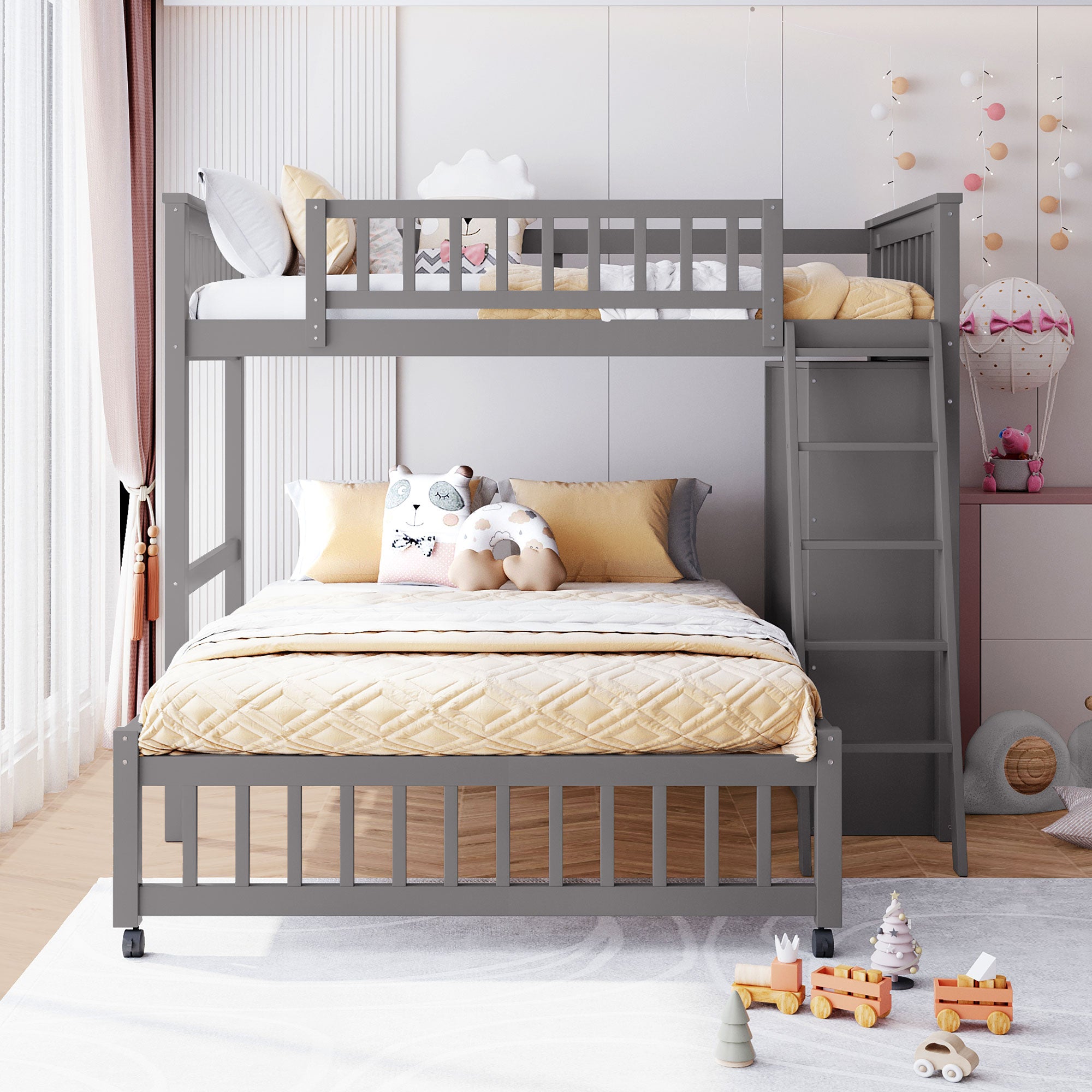 Wooden Twin Over Full Bunk Bed With Six Drawers And Flexible Shelves,Bottom Bed With Wheels,Gray