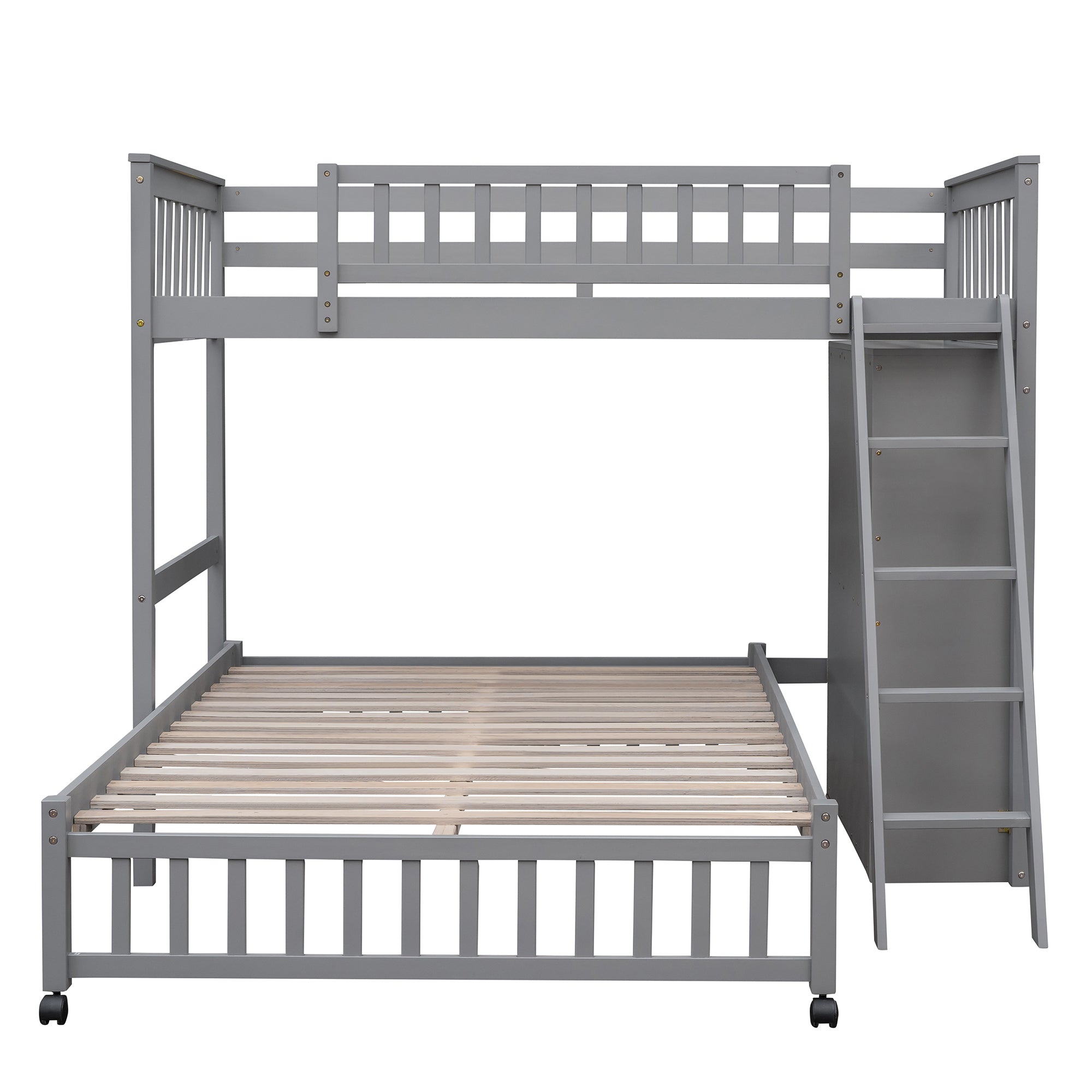 Wooden Twin Over Full Bunk Bed With Six Drawers And Flexible Shelves,Bottom Bed With Wheels,Gray