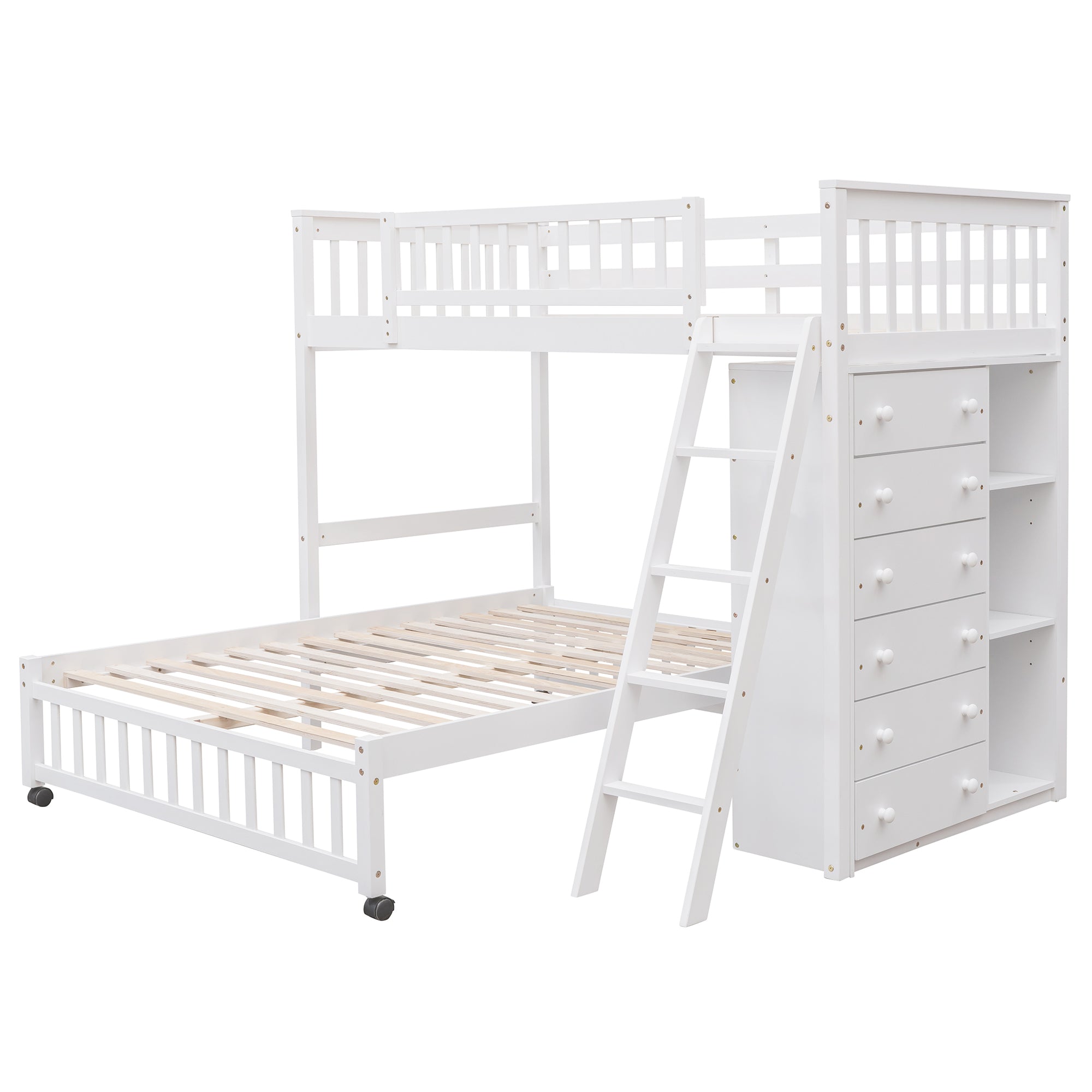 Wooden Twin Over Full Bunk Bed With Six Drawers And Flexible Shelves,Bottom Bed With Wheels,White