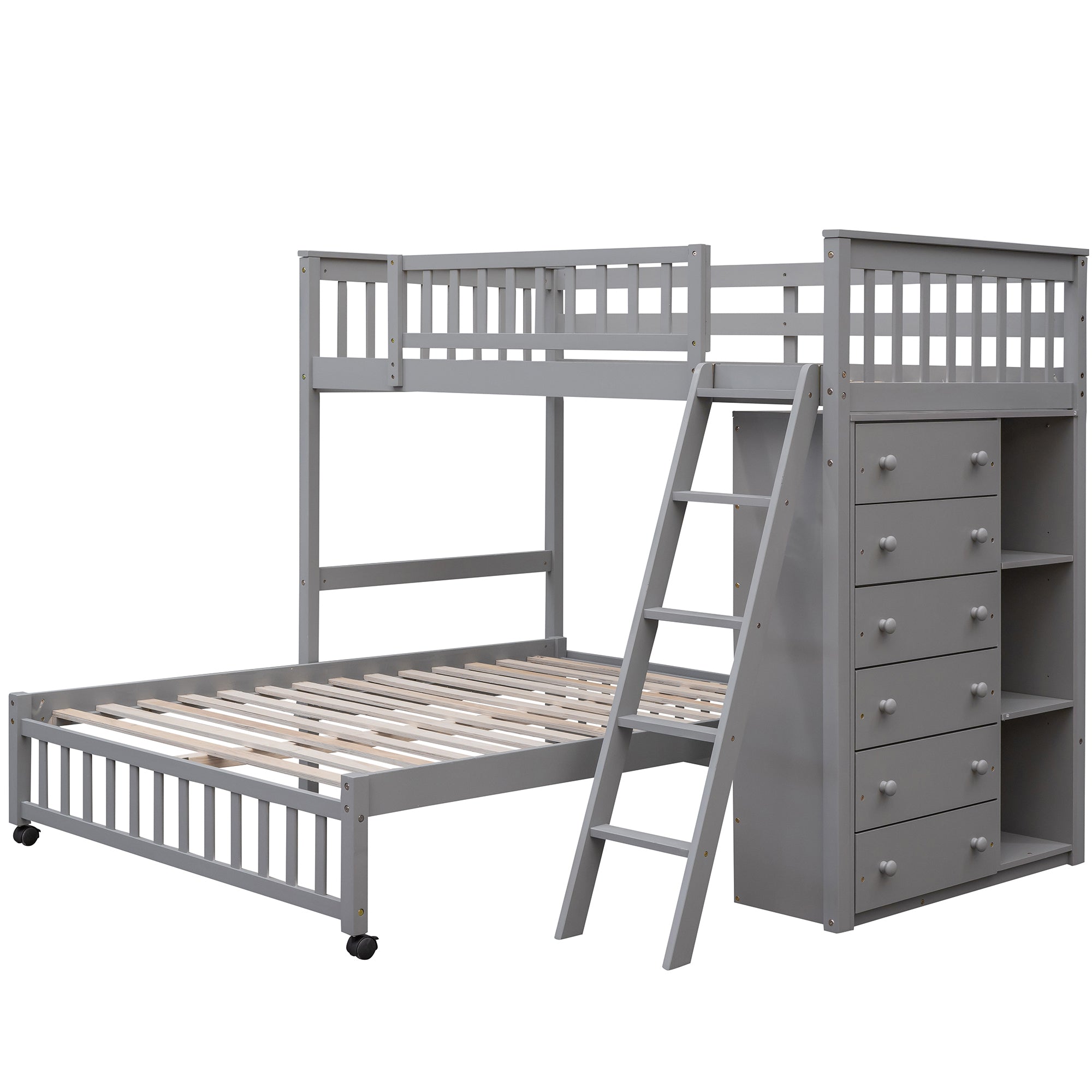 Wooden Twin Over Full Bunk Bed With Six Drawers And Flexible Shelves,Bottom Bed With Wheels,Gray