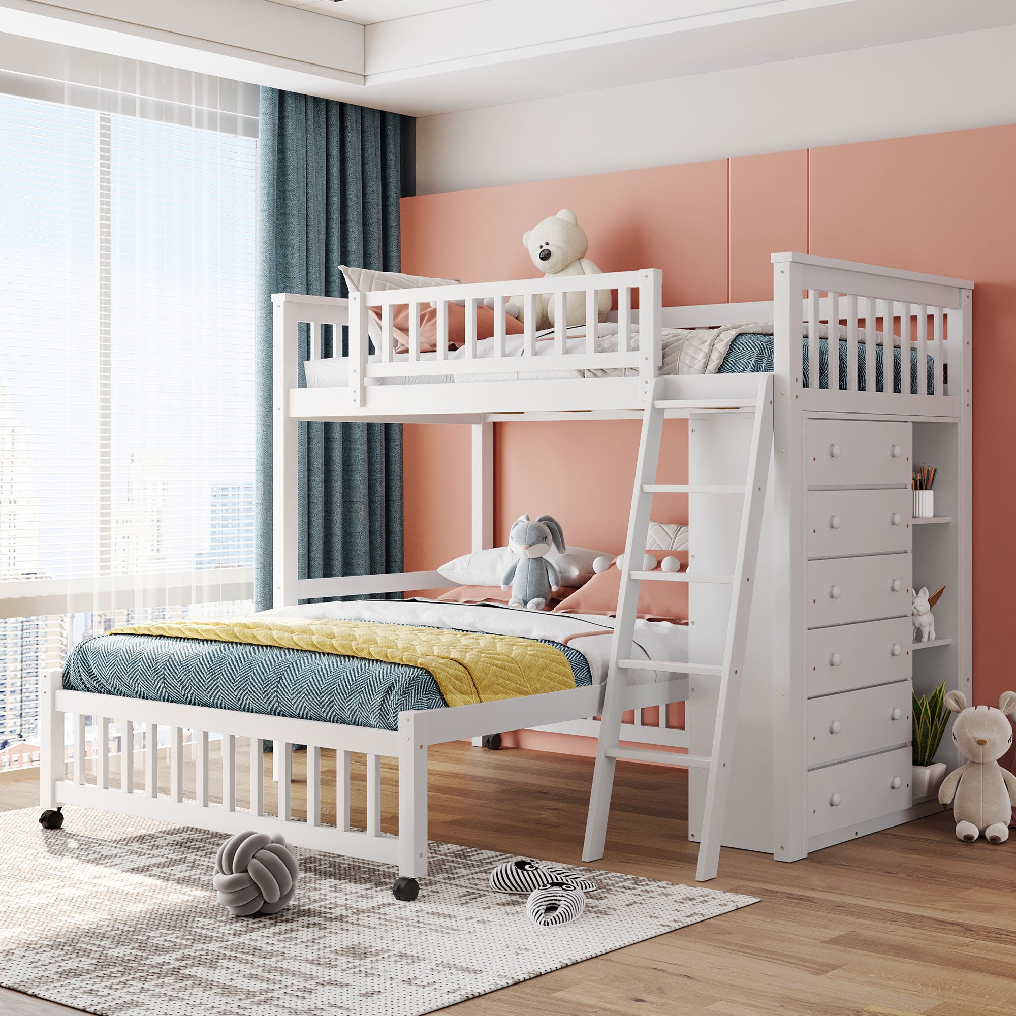 Wooden Twin Over Full Bunk Bed With Six Drawers And Flexible Shelves,Bottom Bed With Wheels,White