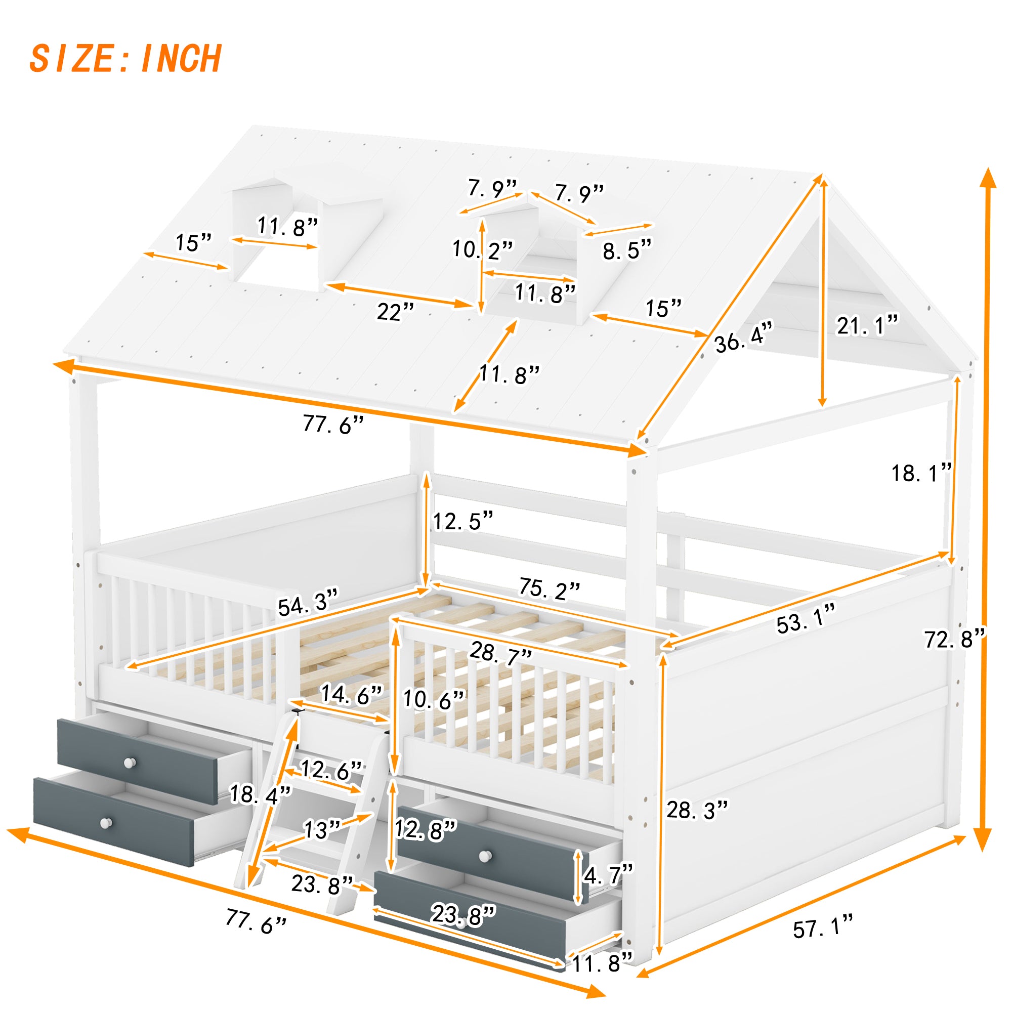 Full Size Wood Bed House Bed Frame,White