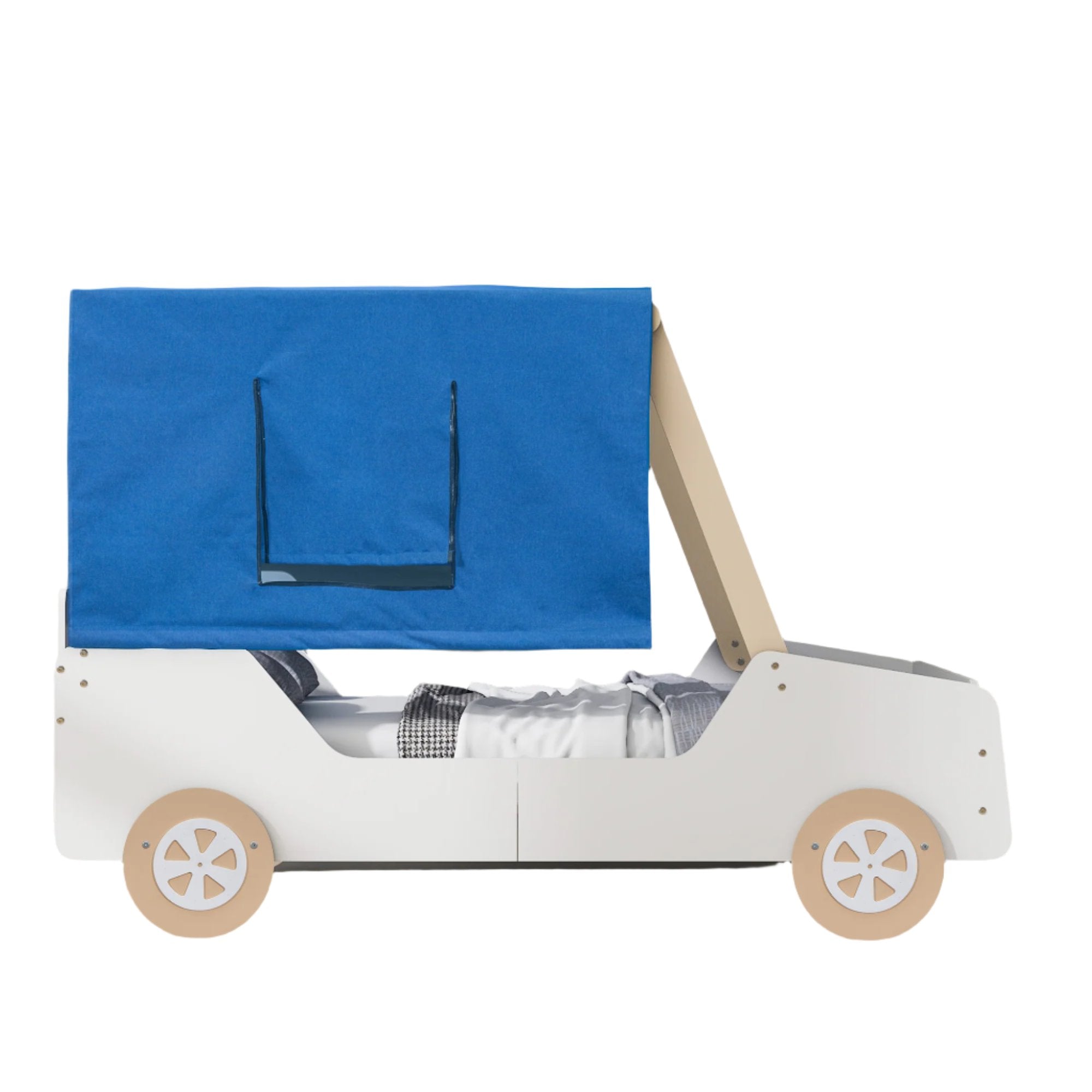 Full Size Car Shaped Bed with Tents,White+Natural