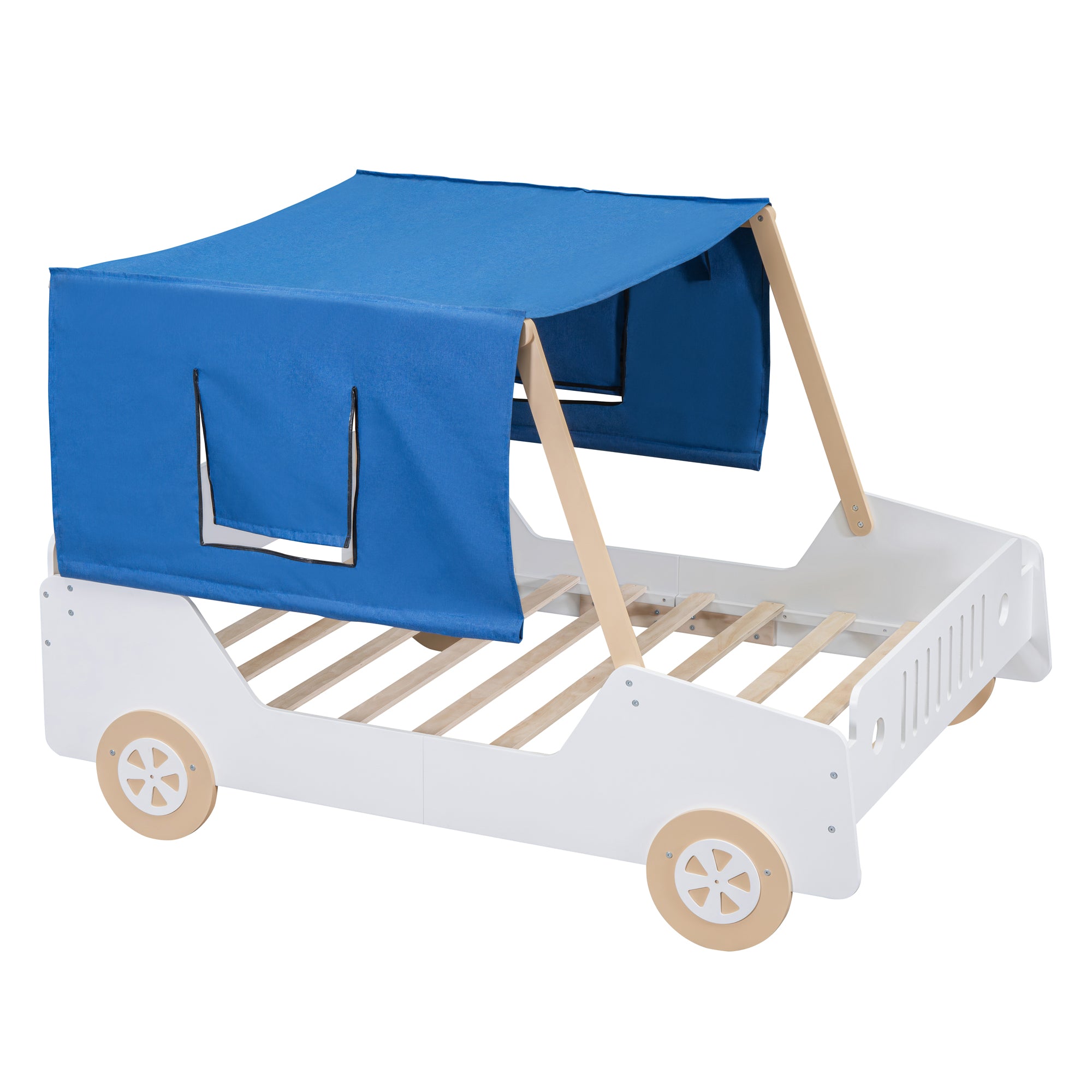 Full Size Car Shaped Bed with Tents,White+Natural