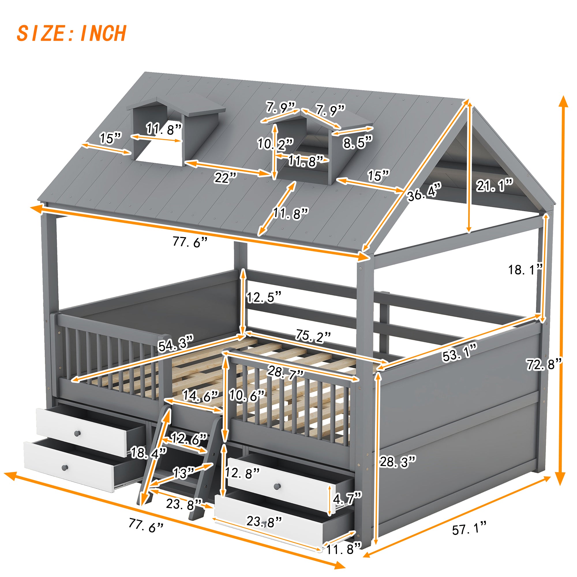 Full Size Wood Bed House Bed Frame,Gray